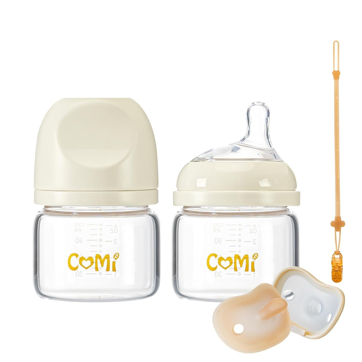 COMI Natural Glass Baby Bottles for Breastfeeding Babies,Newborn Anti-Colic Baby Bottle Set with Slow Flow Nipple,0-3 Months,BPA-Free,4 oz,2 Pack