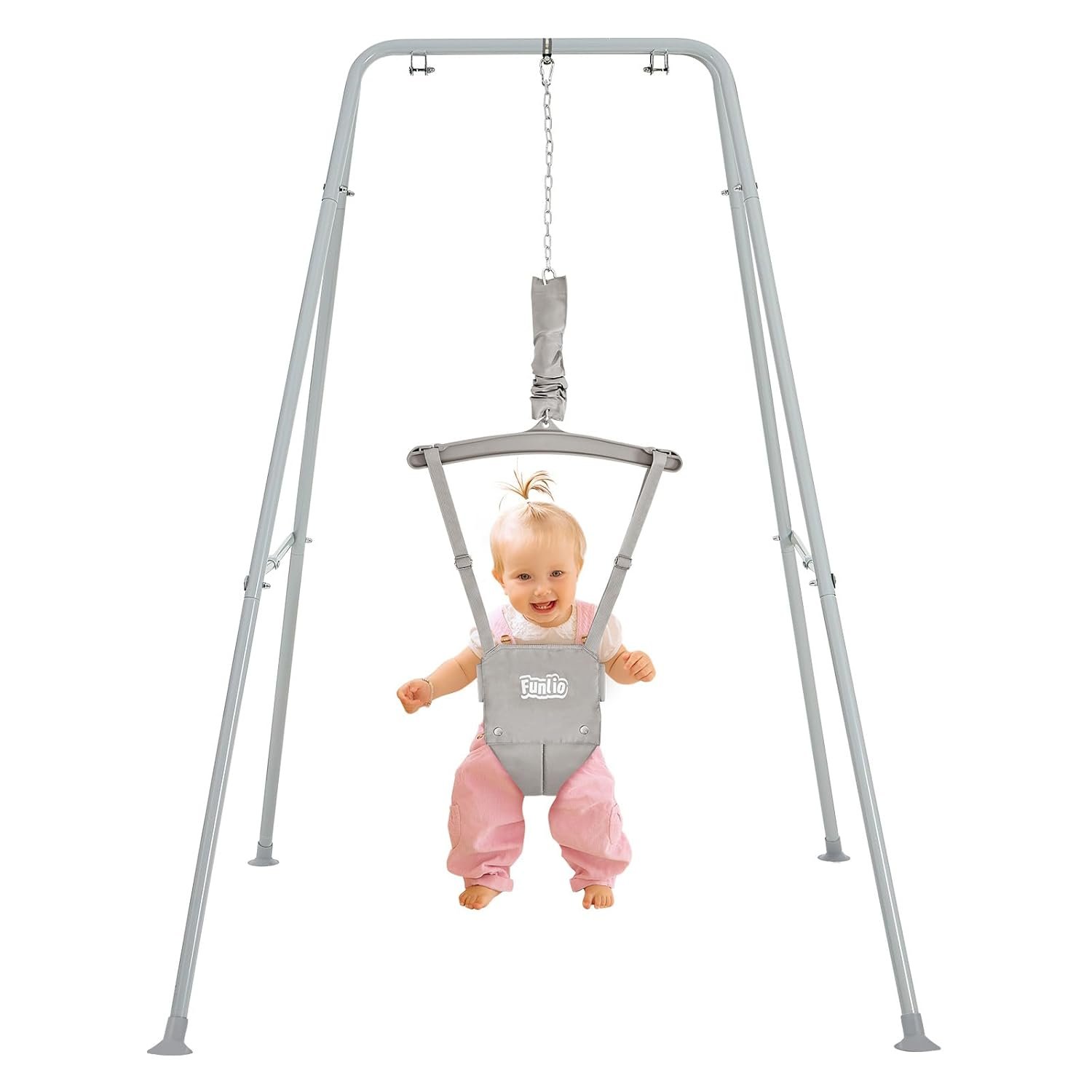 FUNLIO Baby Jumper with Stand for 6-24 Months, Infant Jumper for Indoor/Outdoor Play, Toddler Jumper for Baby Girl/Boy, with Adjustable Chain, Easy to Assemble & Store (with Stand) – Grey