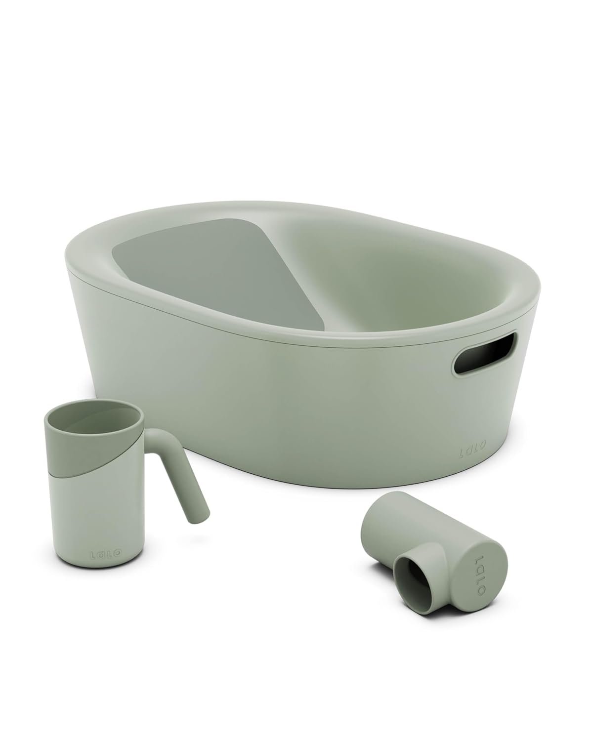 Lalo Bathtime Starter Kit – 3-Piece Set Includes Modern Baby Bathtub, Rinse Cup & Spout Cover – Safe, Easy to Clean Design for Newborns – 25.3 x 18 x 7.7 in, 10 lb – Sage