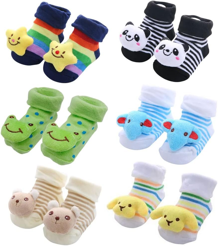 FedMois 6 pairs Baby 3D Cartoon Anti-Skid Booties Socks Slippers Shoes
