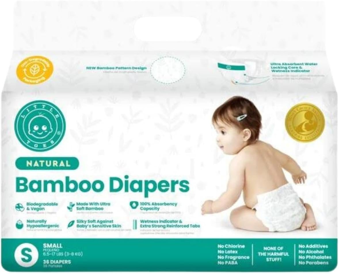 Little Toes Patented Natural Disposable Viscose Diapers ǀ Day and Overnight Diapers ǀ Sustainable | Size 1 Small | 36 Pack