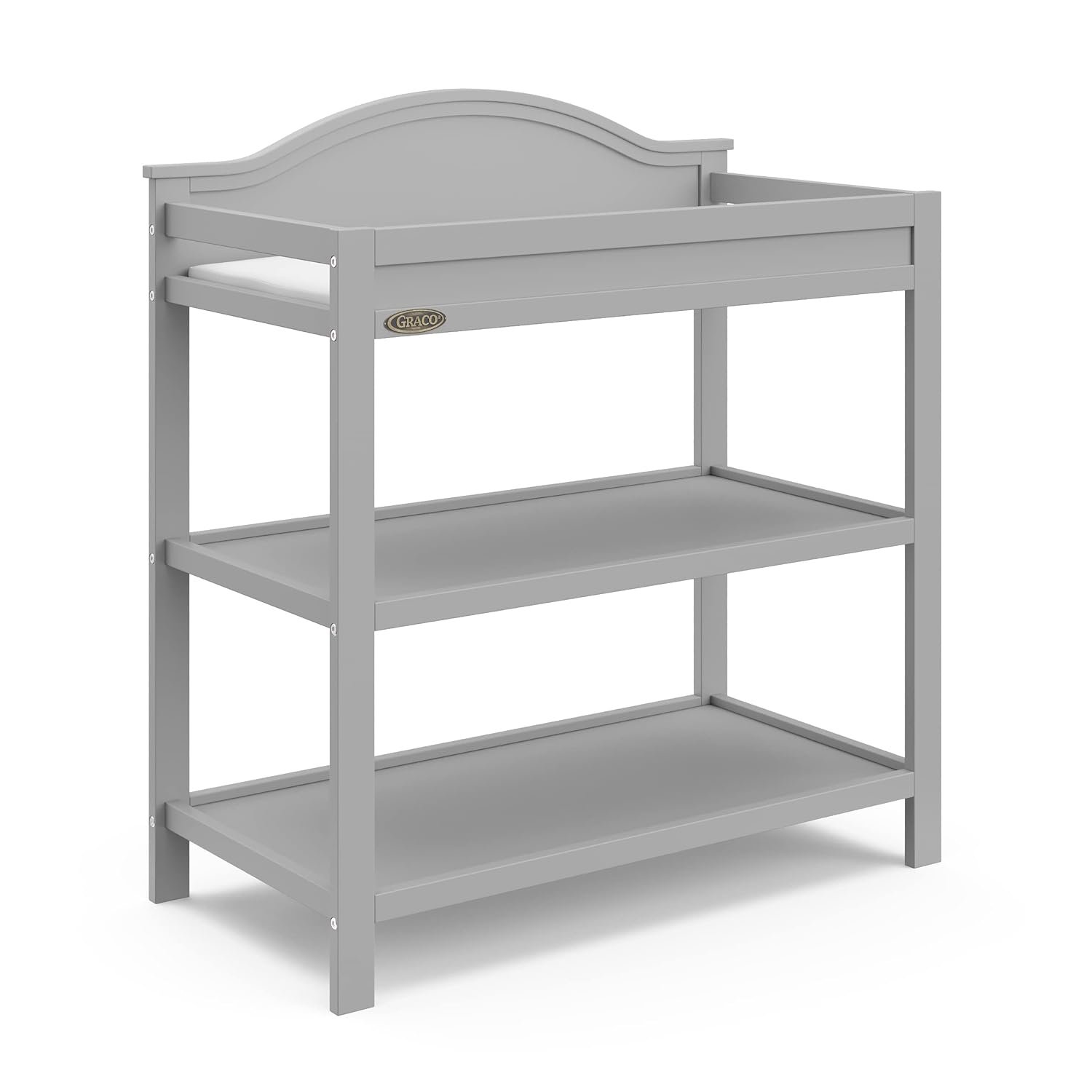 Graco Story Changing Table with Water-Resistant Pad – GREENGUARD Gold Certified Baby Changing Station with Safety Strap, 2 Open Shelves, and a Nursery Must-Have Design (Pebble Gray)
