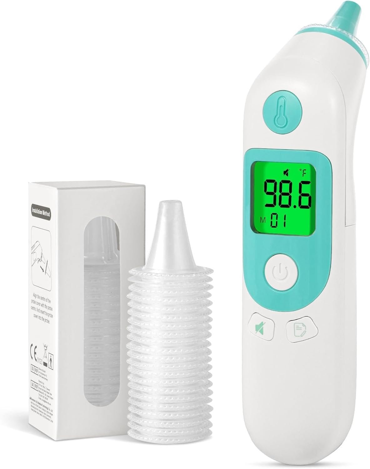 Thermometer for Adults and Kids, Accurate Baby Ear Thermometer with 3-Color Fever Indicator 40-Reading Memory F/°C Switch Mute Mode with Carrying Bag (White)