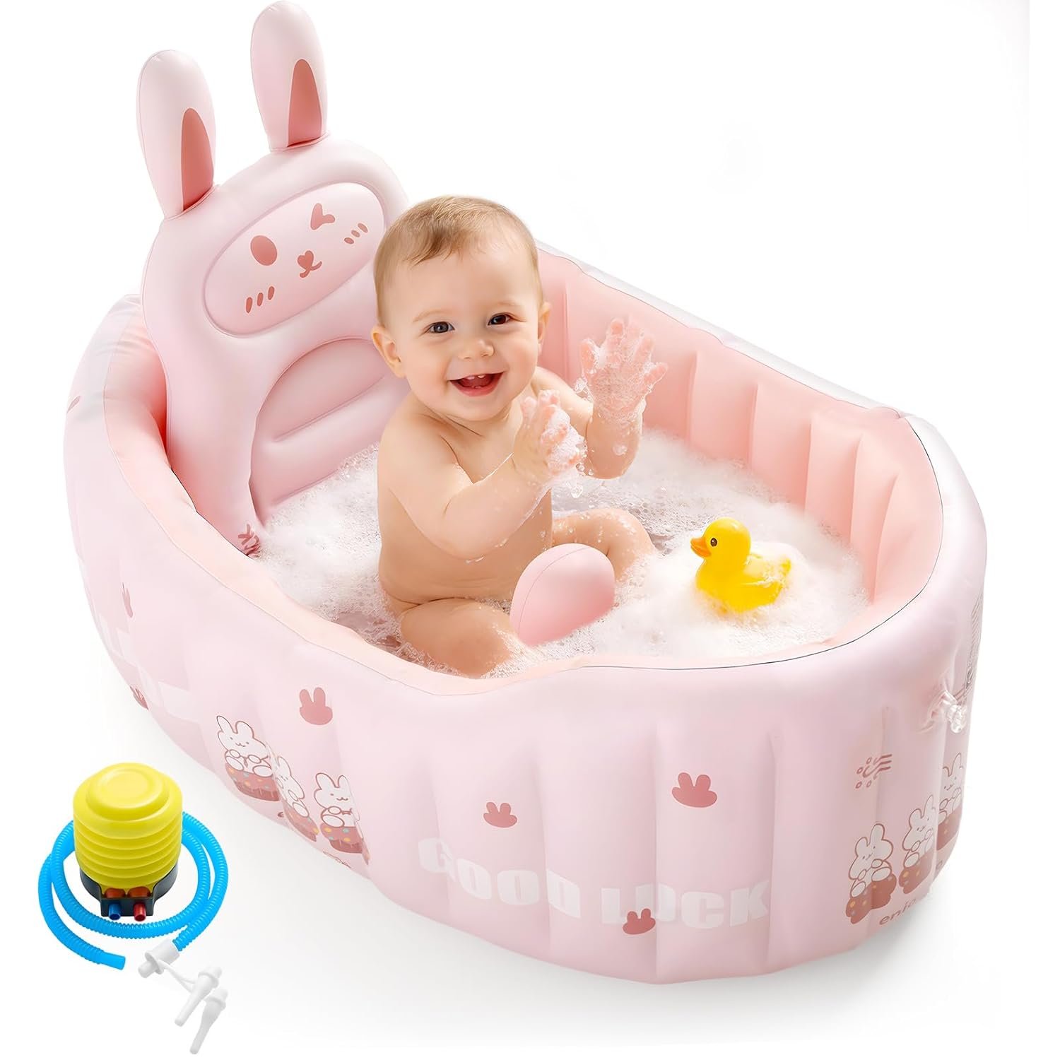 Inflatable Baby Bathtub with Seat Cushion & Air Pump, Newborn to Toddler Bath Tub, Foldable Portable Toddler Tub for Shower Sink, Non-Slip Texture, Quick-Drain, Travel-Ready, Pink