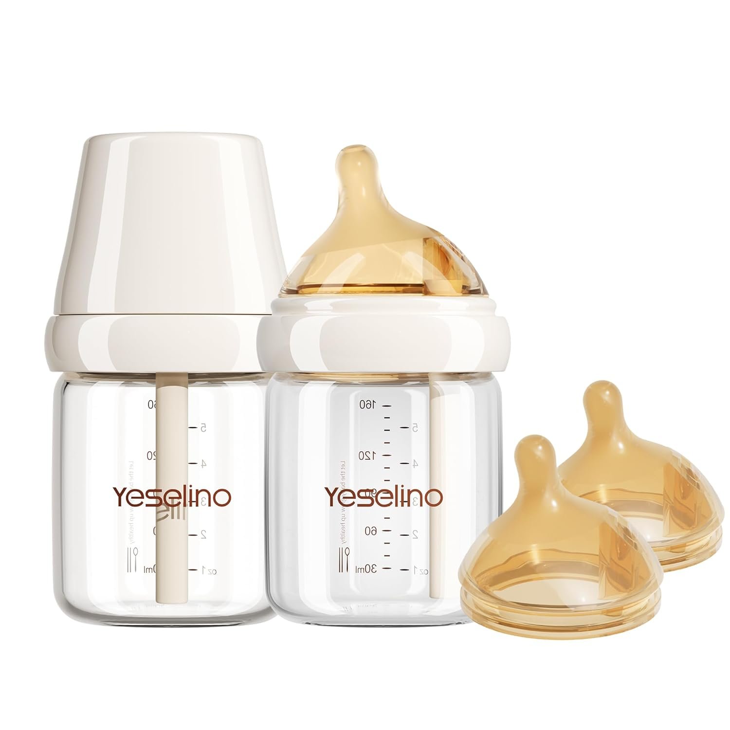 Natural Nursing Glass Baby Bottle – with Anti-Colic Vent System – BPA-Free, 5oz with Medium Flow Nipple, 0-6 Months, 2 Pack (Includes 4pcs Nipples)