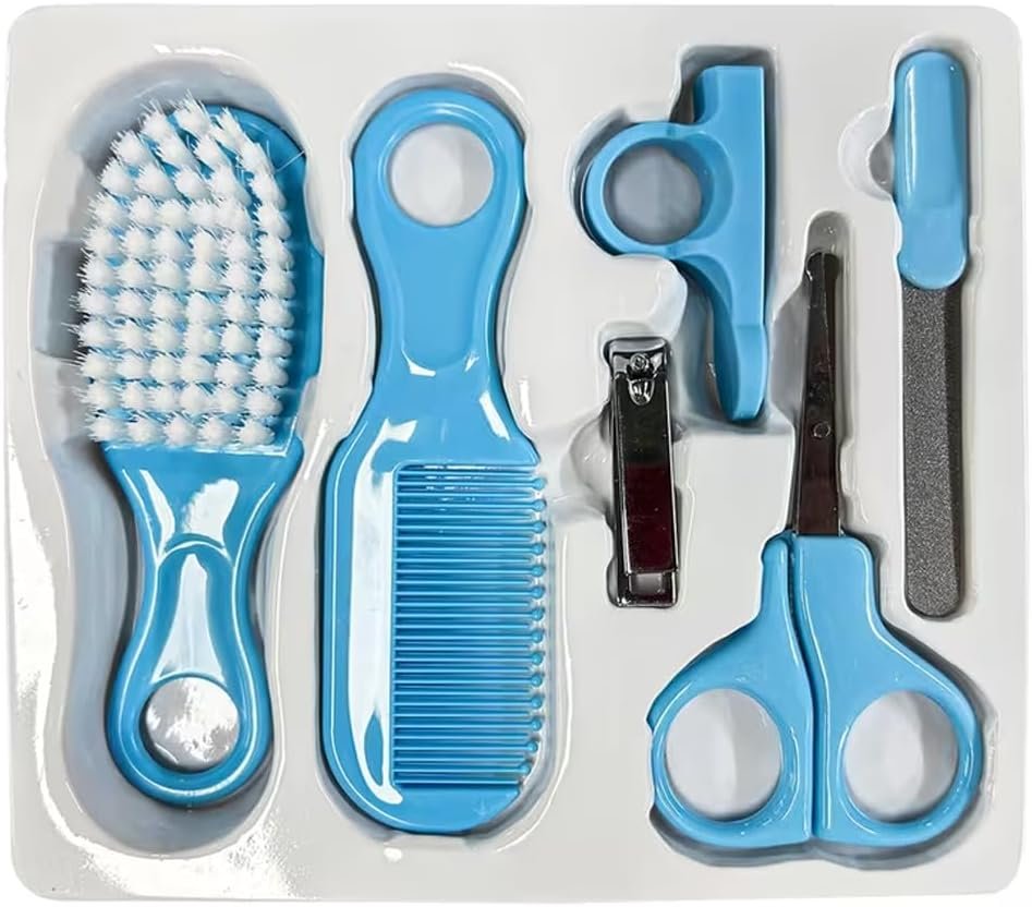 6-Piece Newborn Baby Care Kit, Infant Grooming Set with Nail Clippers, Comb, Brush and Manicure Tools for Daily Nail and Hair Care, Blue