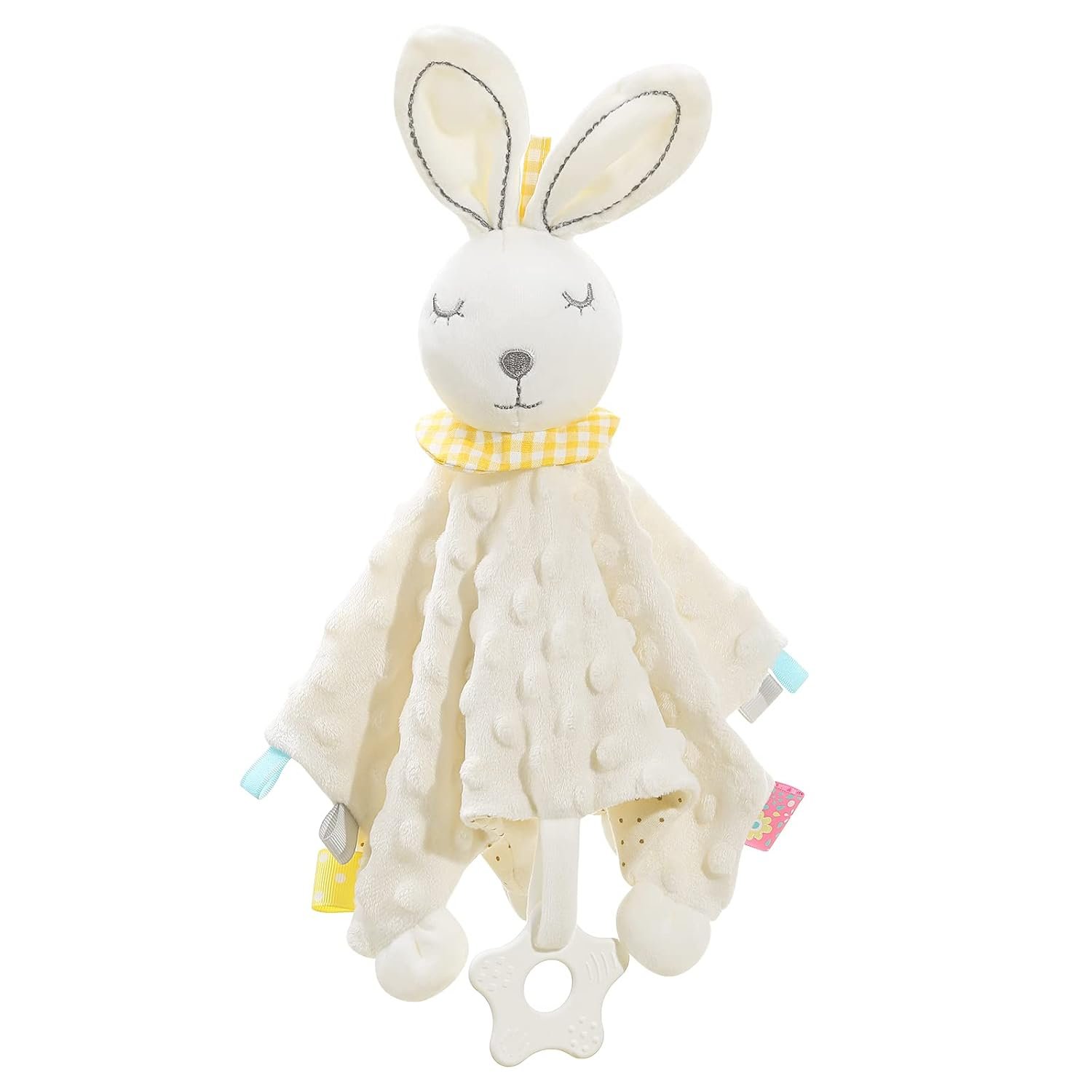 Loveys for Babies, Security Blanket Soft Stuffed Animal Bunny Lovey Unisex Lovie Baby Stuff Snuggle Blanket with Tags Teether Bells, Soothing Plush Toys Baby Gift for Newborn, White Rabbit