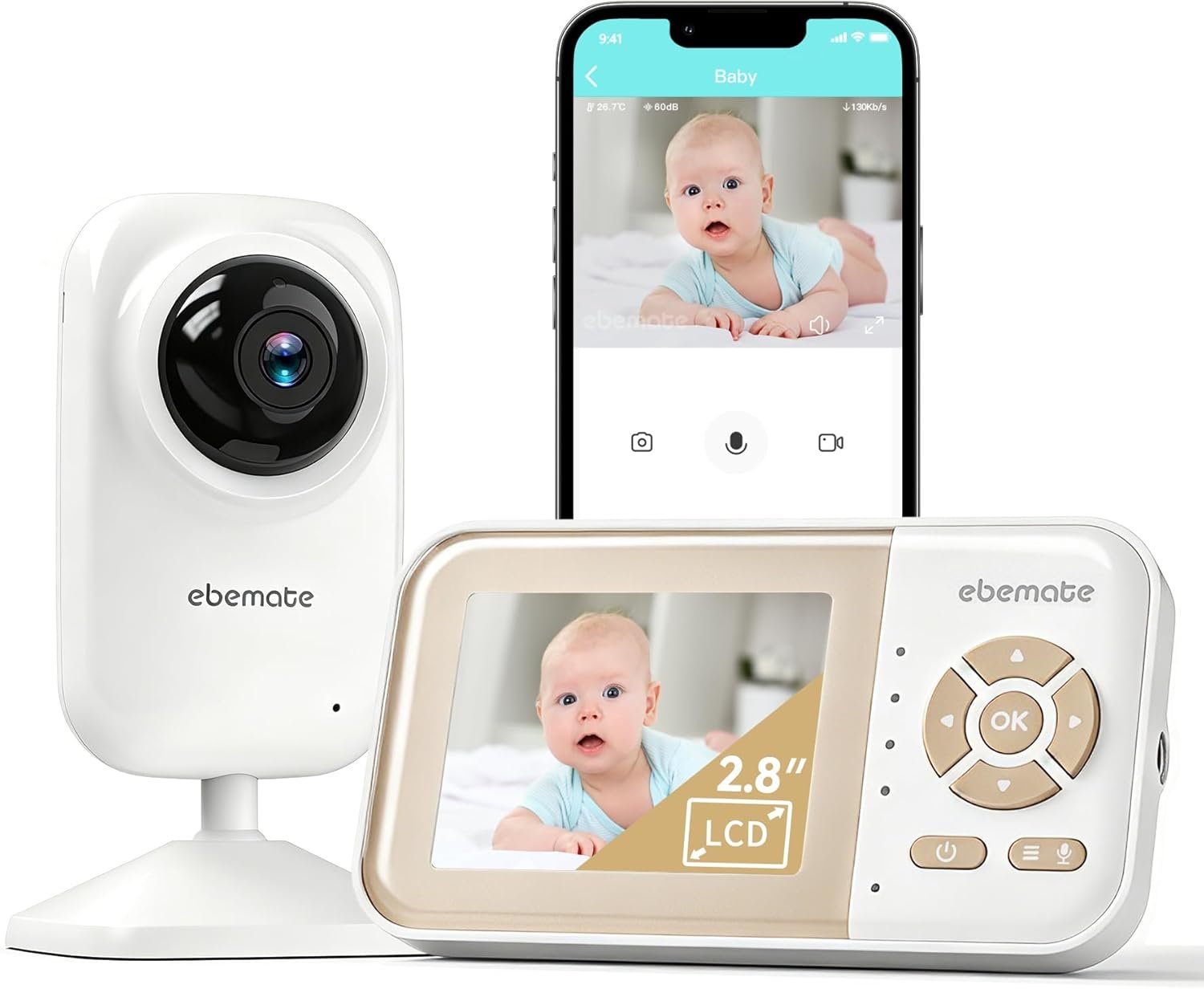 ebemate Video Baby Monitor | 2.8″ LCD Screen | 1200FT Range | Temperature & Feeding Alerts | No-Glow Night Vision | 2-Way Talk EBE28