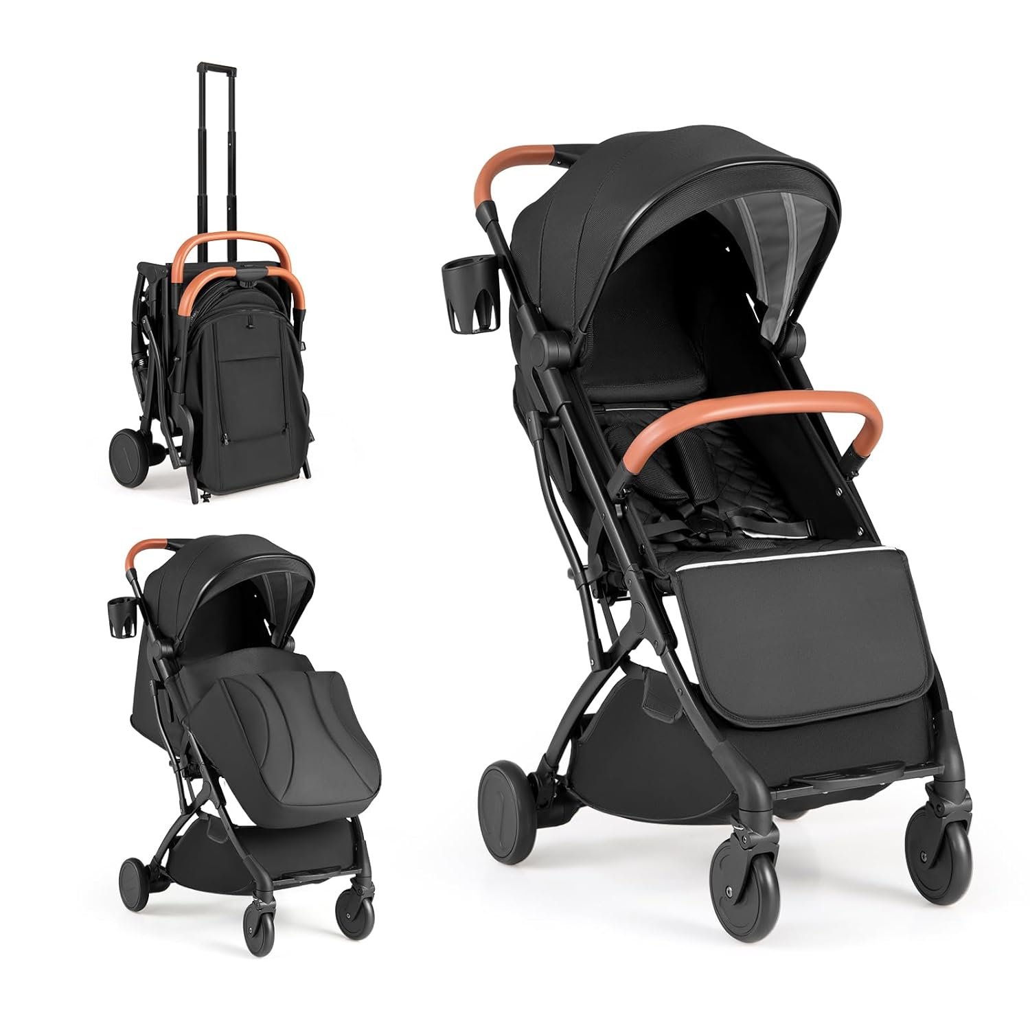 HONEY JOY Lightweight Baby Stroller, Compact Travel Stroller w/Aluminum Frame, Footmuff, EVA Wheels w/Spring Suspension, Multi-Position Recline, One-Hand Fold Luggage Handle for Toddlers (Black)
