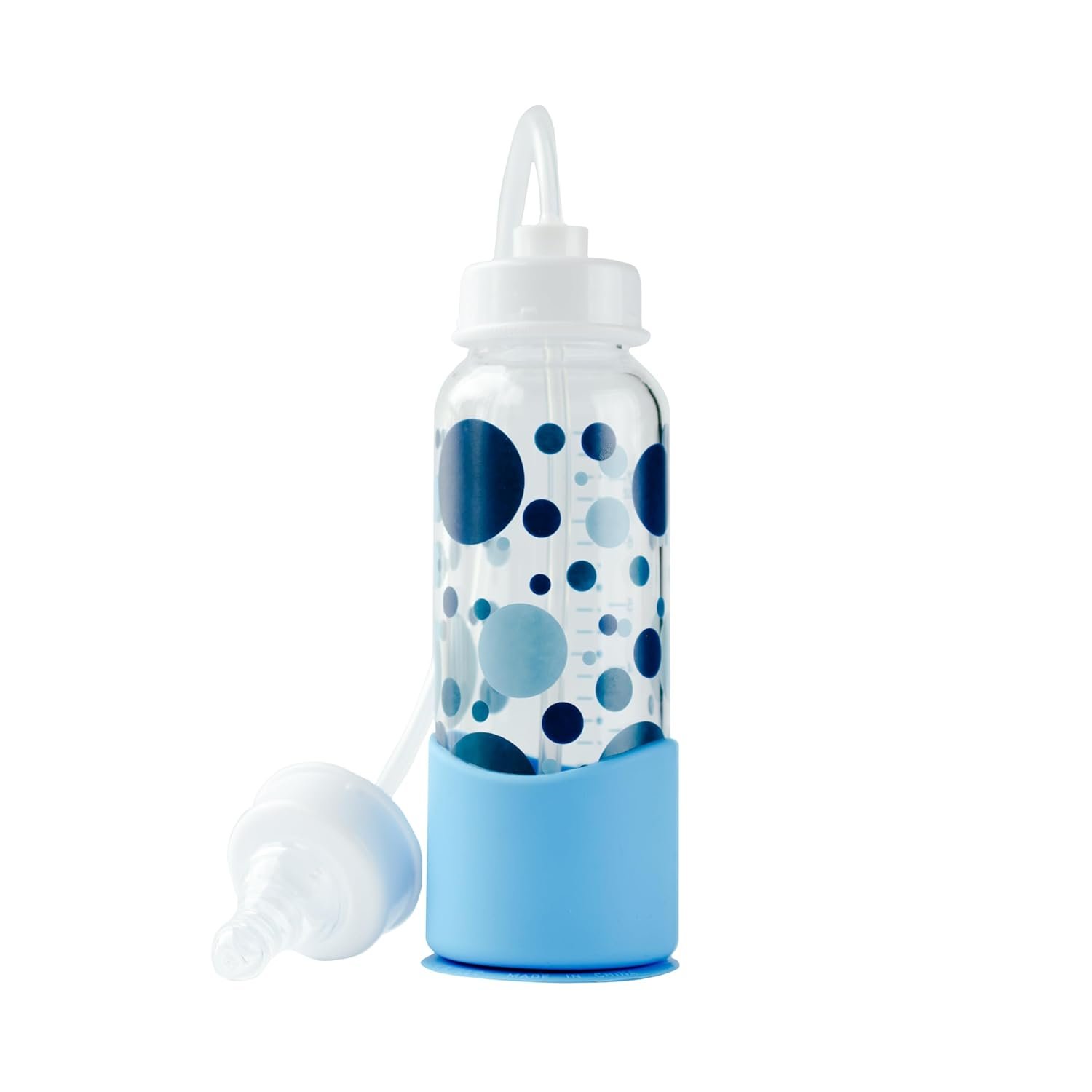 Hands-Free Baby Bottle – Anti-Colic Nursing System 7 oz Glass Baby Bottle with Fast Flow Nipple/Teat 3m+ with Tube Straw Feeding System for Toddler (1 Bottle – Blue)