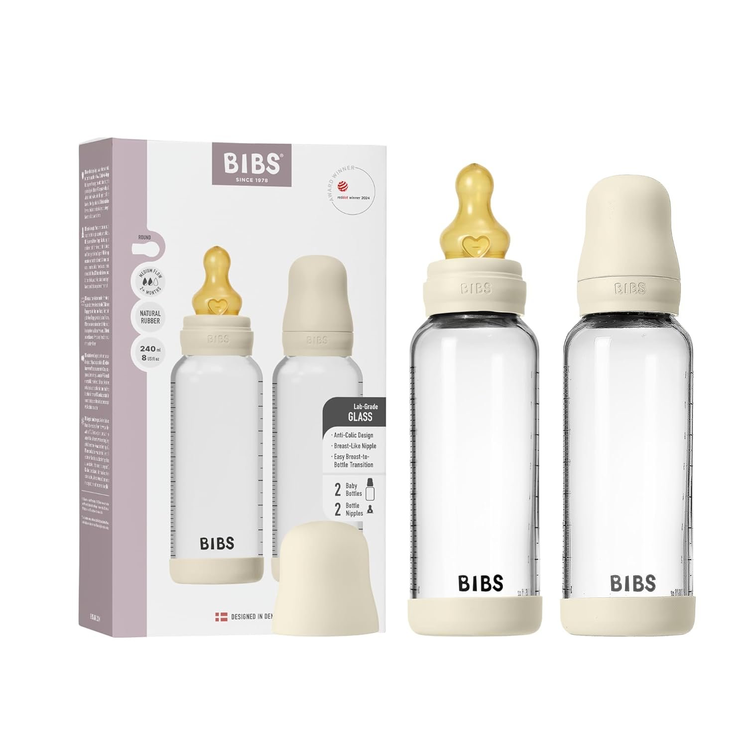 BIBS Glass Baby Bottles 2-Pack, 8.1 Oz. Anti-Colic System for Gas Reduction. Vented Round Natural Rubber Latex Nipple. Supports Infant and Newborn Breastfeeding – 240 ml (Pack of 2), Ivory