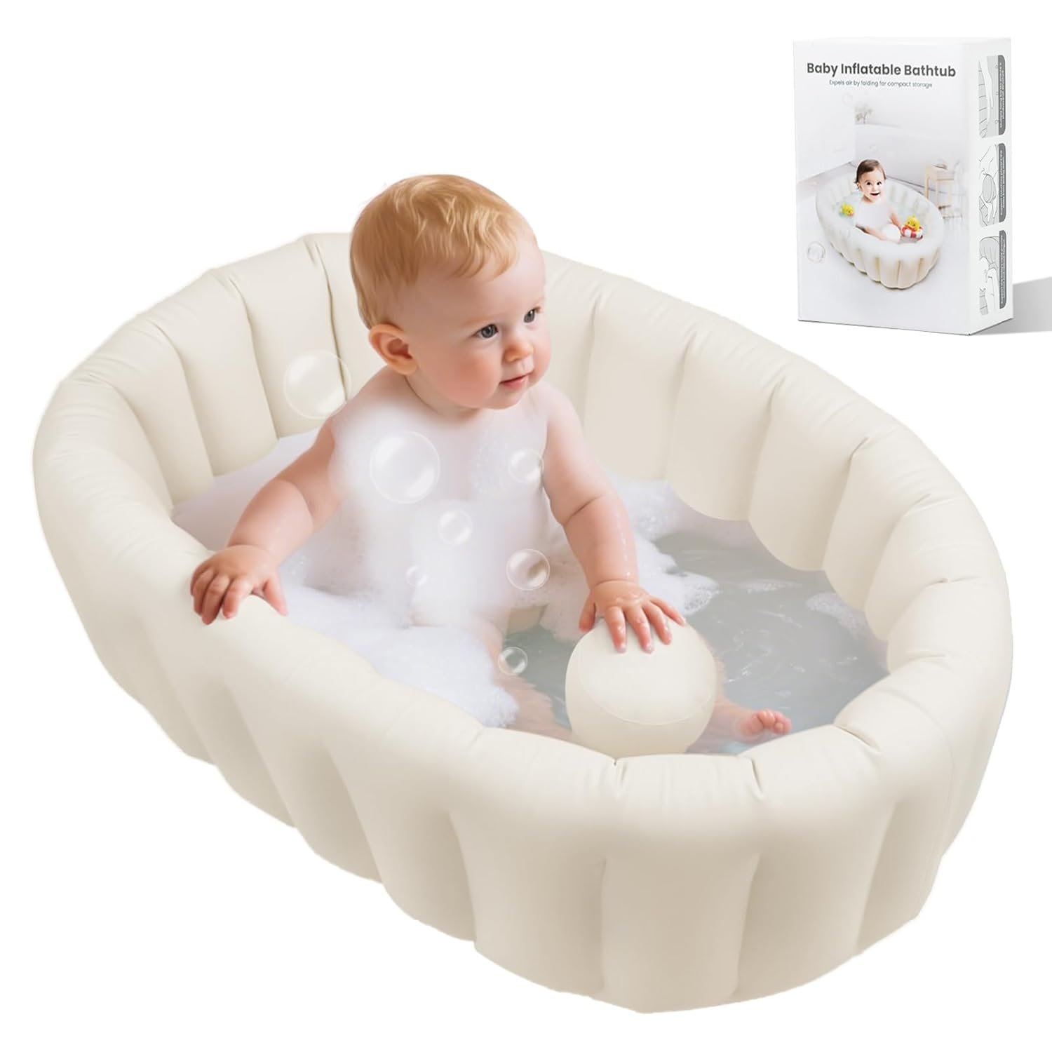 Inflatable Baby Bathtub, Collapsible Baby Bath Back Support, Portable Newborn Travel Bath tub with Drain Hole, Foldable Baby Bath Tubs for Infant to Toddler 0-24 Months (White)