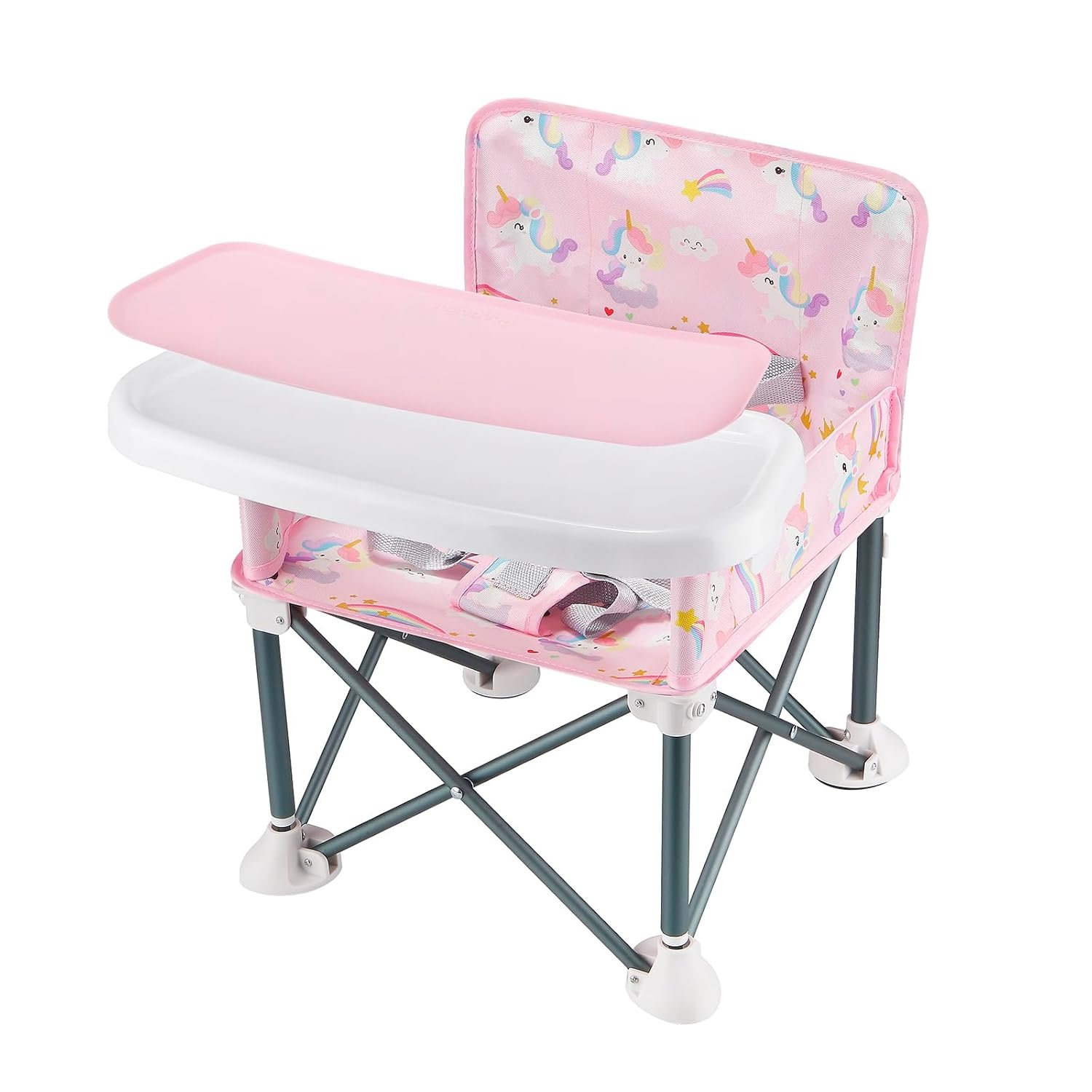 PandaEar Portable Baby Booster Seat | Compact Fold with Safety Straps & Feeding Tray for Indoor/Outdoor Use | Great for Travel, Camping, Beach, Lawn | Toddlers, Kids, Boys, Girls (Pink Unicorn)