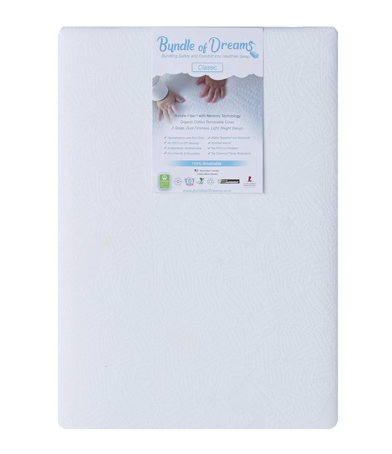 BUNDLE OF DREAMS Flagship 5″ Organic Cotton Cover 2 Stage Mini Crib Mattress, 100% Breathable, Hypoallergenic, Non-Toxic for Portable Cribs or Mini Cribs
