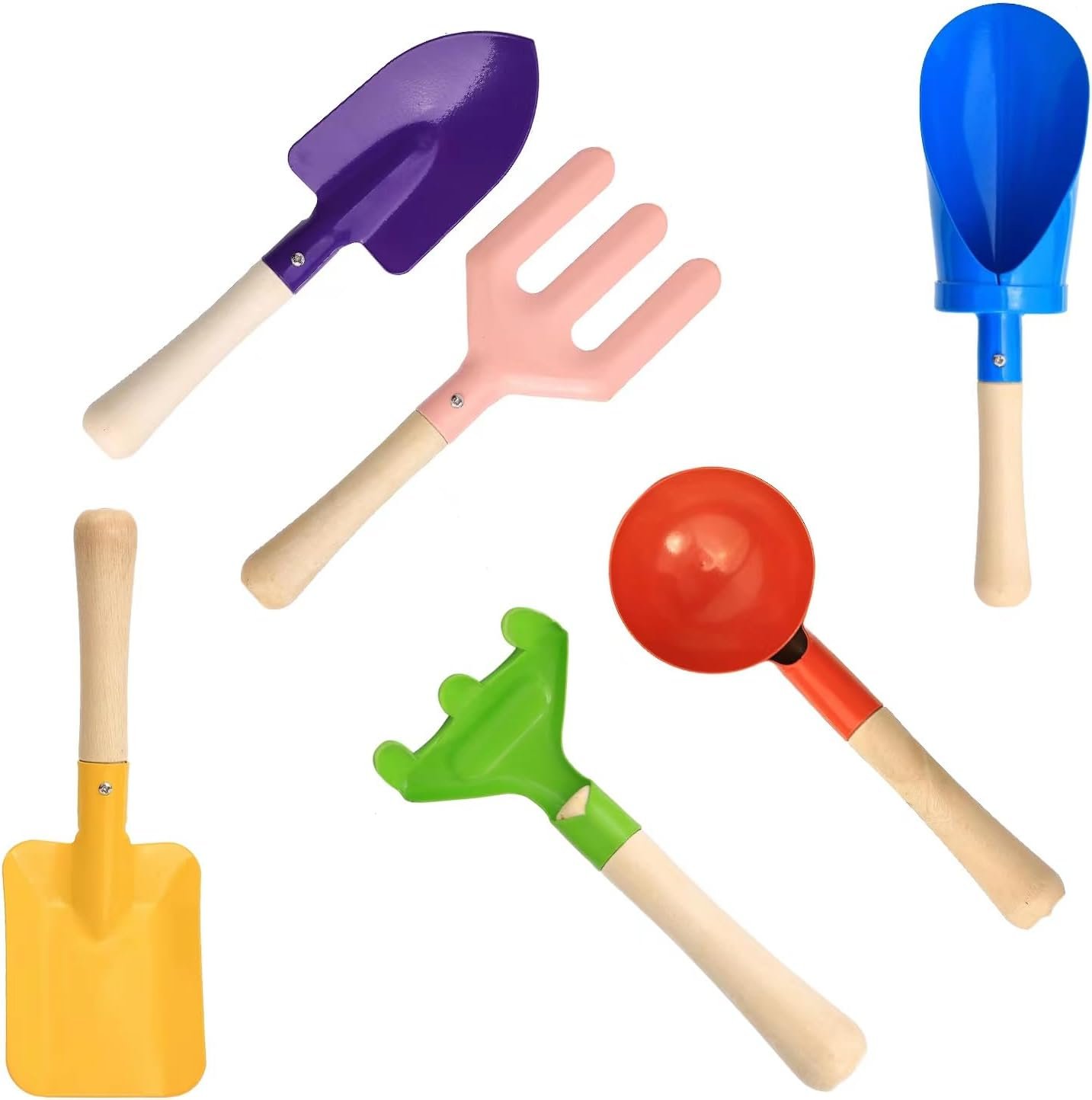 6 PCS 8″ Kids Gardening Tools, Metal Beach Sandbox Digging Toys with Sturdy Wooden Handle, Safe Backyard Snow Sensory Playset Including Cylinder, Spoon, Fork, Rake, Flat & Pointed Shovels for Children