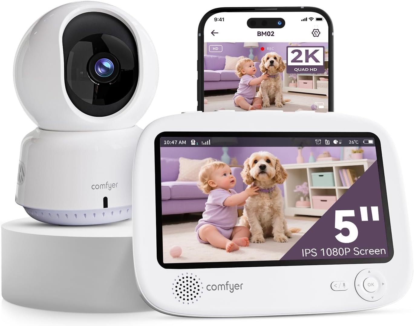 Comfyer Hybrid Video No WiFi & Smart WiFi Baby Monitor – 5″ 1080P Split Screen & 2K Camera App Control, Motion Alerts, Sound Detection, HD Night Vision, 5050mAh Battery,Triple Security, 1600ft Range