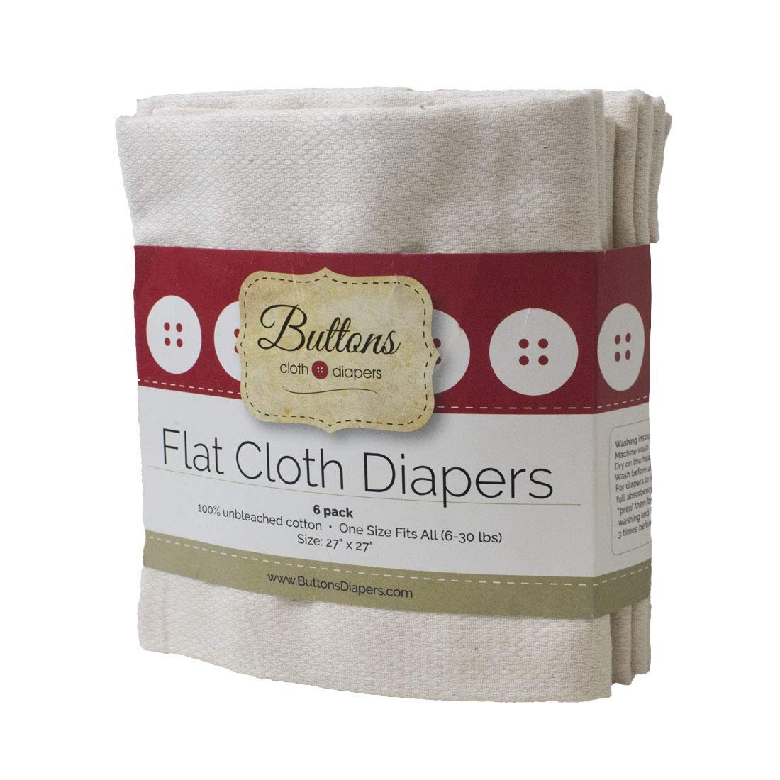 Buttons Unbleached Organic Cotton Birdseye Flat Diapers – 6 Pack