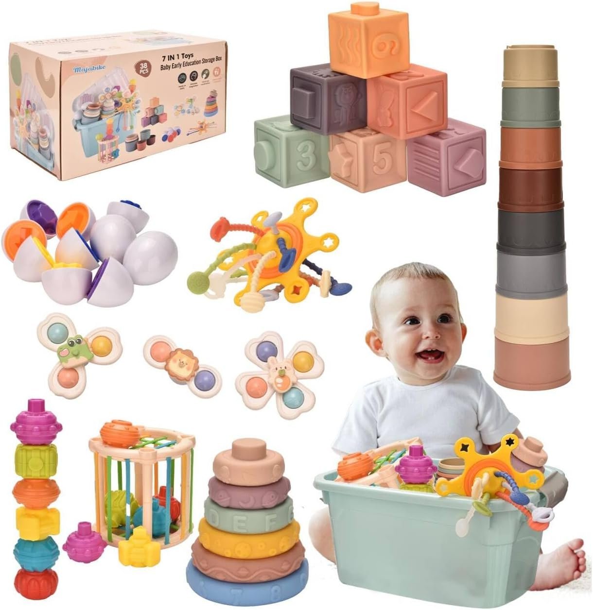 Baby Toys, Suitable for Babies Aged 6 to 12 Months, 7-in-1 Montessori Teething Toy, categorized Sensory Education Learning Gift.