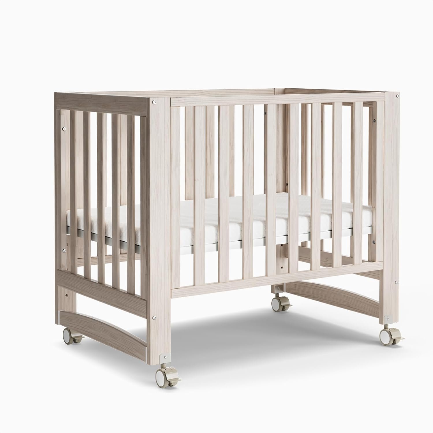 MAMAZING EvoNest Baby Crib, 3 in 1 Convertible Mini Crib with Wheels, 100% New Zealand Solid Wood Crib, 4 Adjustable Mattress Height，Washed Natural