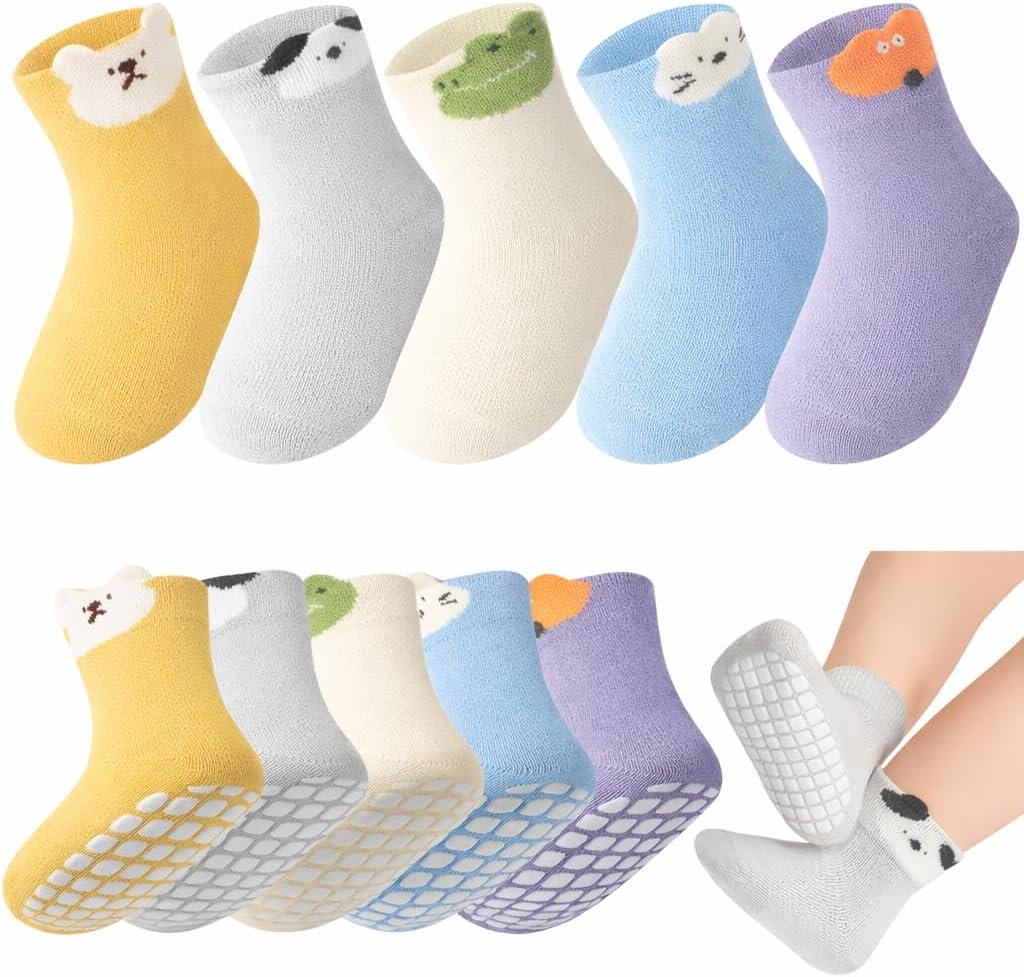 5-Pack Baby Grip Socks 6 Months – 5 Years, Non-Slip Toddler Slipper Socks with Anti-Slip Grippers, Soft Cotton