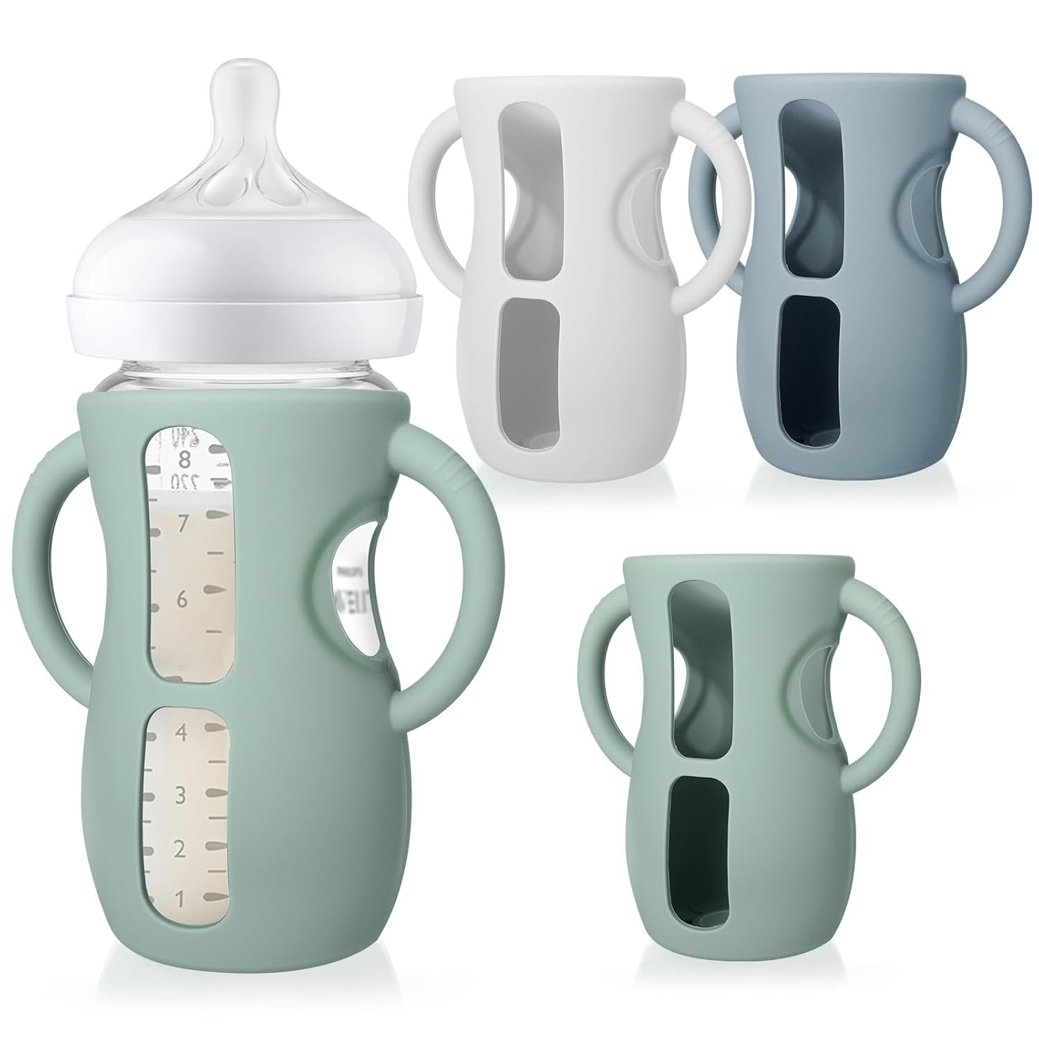 Juome Silicone Sleeves with Handles for Avent Natural Glass Baby Bottle – 3 Pack Anti Breakage Baby Bottles Holder, Compatible with Philips Avent Anti Colic Baby Bottles 8 oz