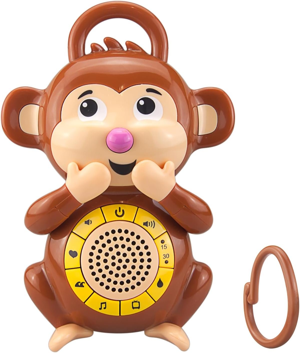 BIGMONAT Monkey Baby Sleep Soother with a White Noise Sound Machine Featuring 5 Soft Ambient Sounds, USB Rechargeable and Lullaby Machine for Sleeping Travel Baby Gift (Brown)