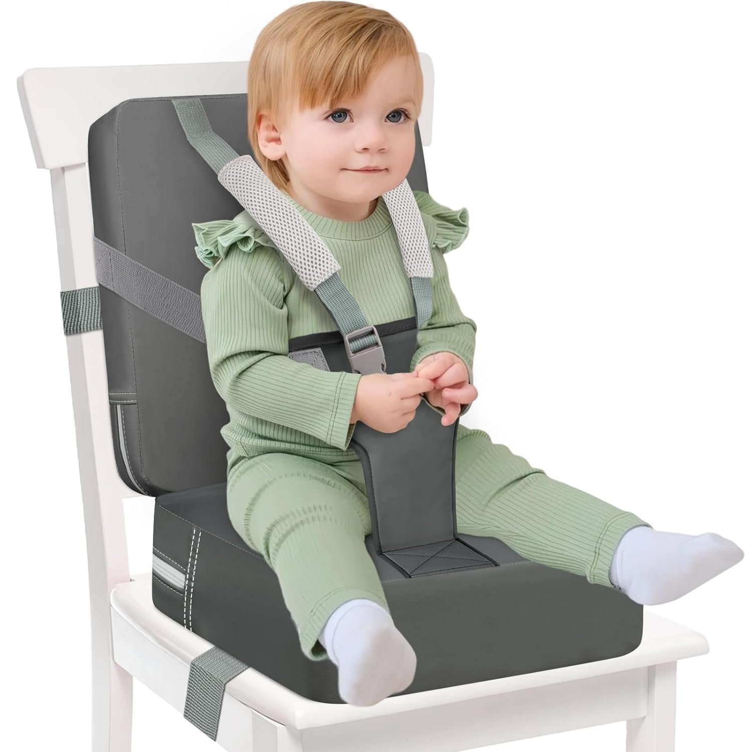 Toddler Booster Seat for Kitchen Chair & Dining Table – Waterproof PU Foam Cushion with Backrest & Safety Straps – Foldable, Lightweight Design for Kids (Dark Grey)