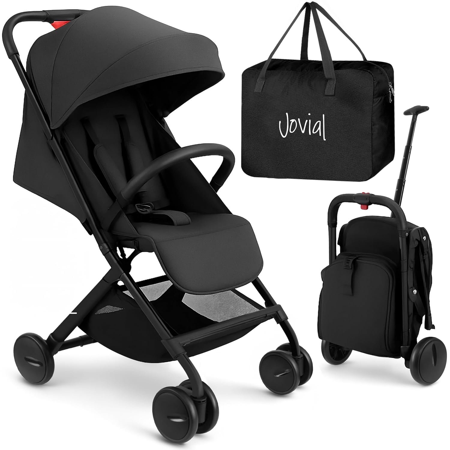 Jovial Lightweight Baby Stroller, Folding Travel Stroller with Reclining Seat, Canopy, 5-Point Safety Harness, Storage Basket, Smooth Wheels, Compact Portable Design (39.8″ x 18.7″ x 32.3″)