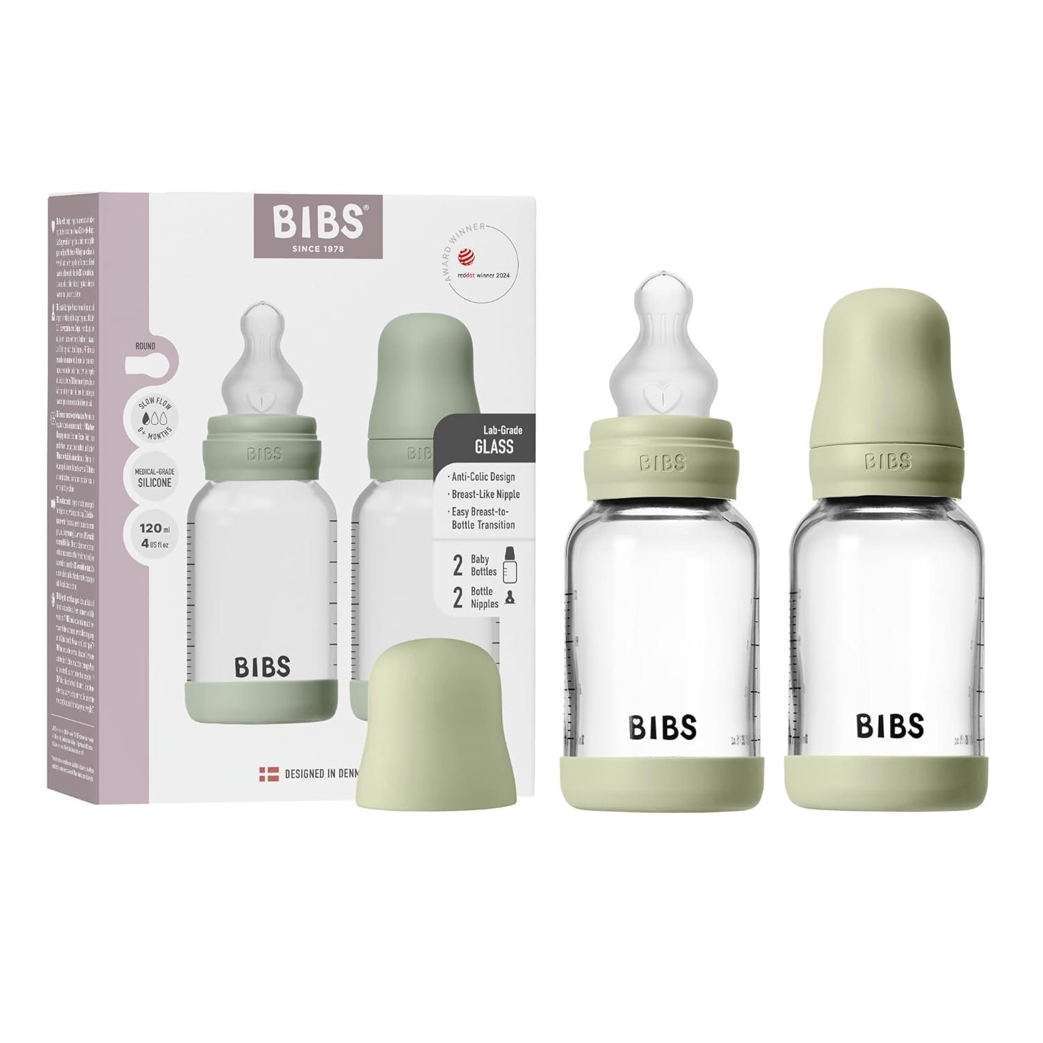 BIBS Glass Baby Bottles 2-Pack, 4 Oz. Anti-Colic System for Gas Reduction. Vented Round Silicone Nipple. Supports Infant and Newborn Breastfeeding – 120 ml (Pack of 2), Sage