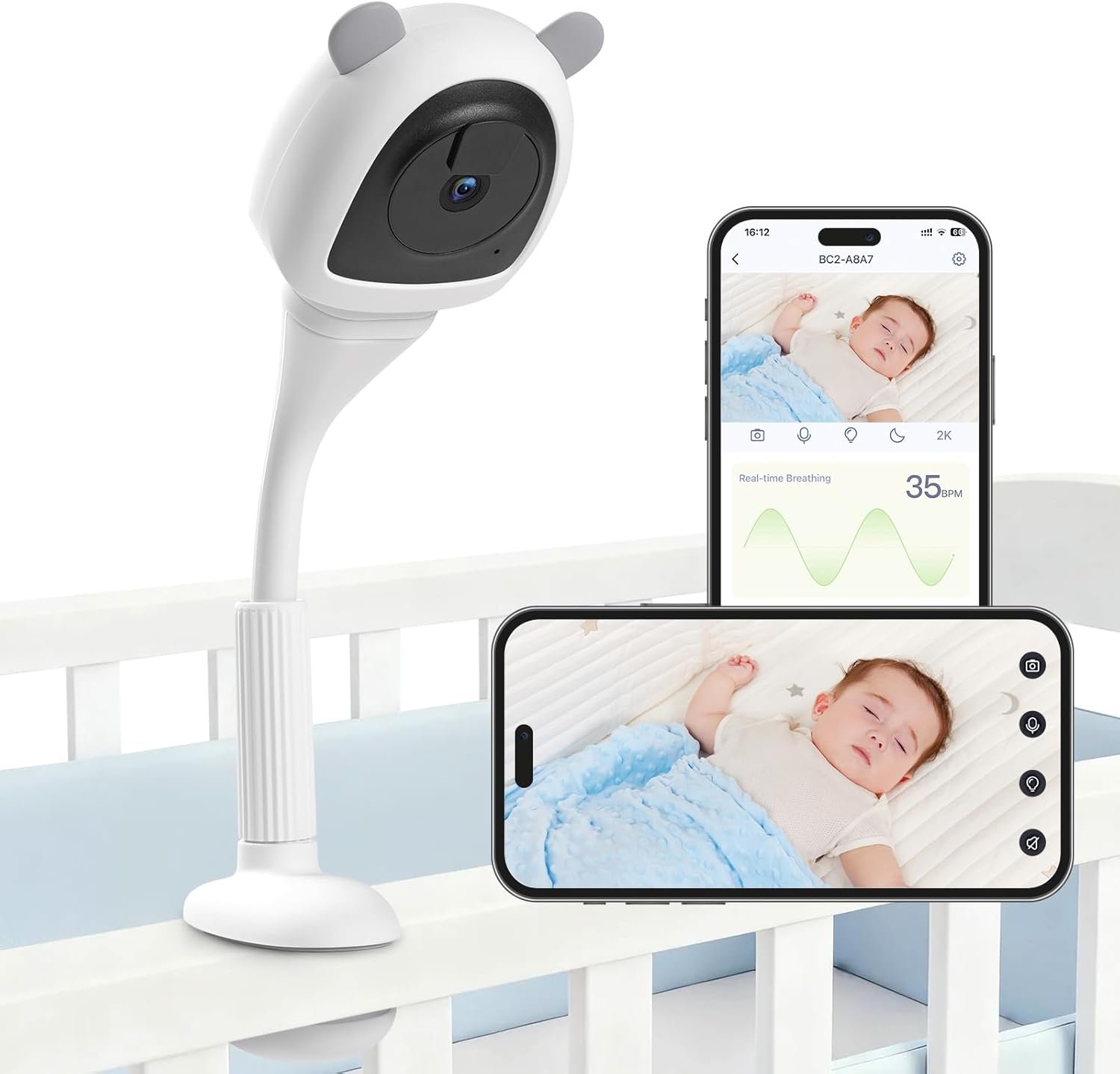 2K Baby Monitor with Camera and Audio Wireless, No WiFi Needed for Crib Mount, Night Vision Smart Camera, Cry Detection Two-Way Talk, No Monthly Fee