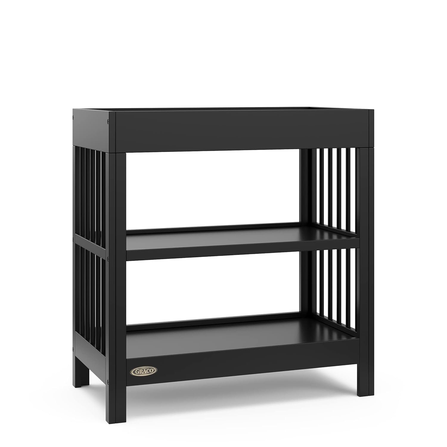 Graco Teddi Changing Table with Water-Resistant Changing Pad (Black) – GREENGUARD Gold Certified, Includes Bonus Water-Resistant Changing Pad with Safety Strap, 2 Shelves, Easy-to-Match