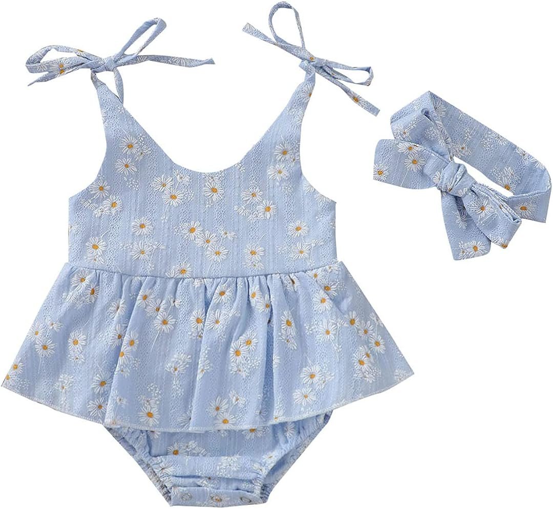 Baby Girls Daisy Playsuits Bodysuit+Headband Print Halter Romper Floral Jumpsuit Infant Onesie Summer Clothes