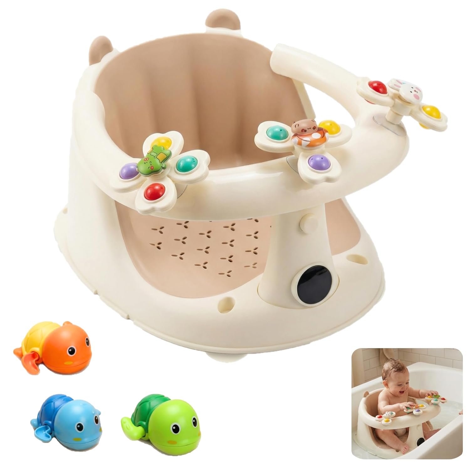 Baby Bath Seat For Babies 6 Months & Up With Built-in Thermometer, Strong Suction Cups & Interactive Toys – Ergonomic Infant Bath Seats For Babies Sitting Up, Safe & Comfortable Design