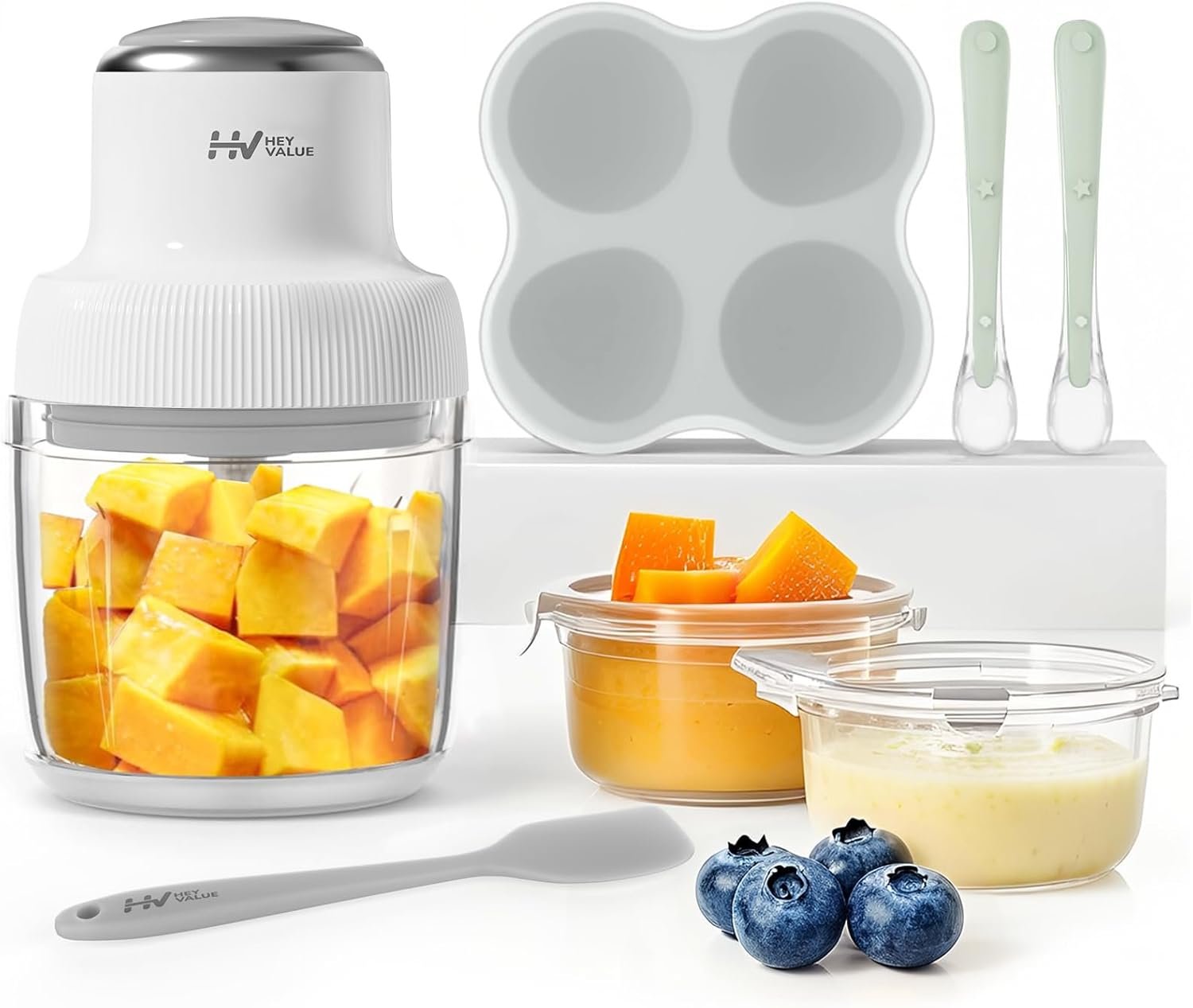 Baby Food Maker, HEYVALUE 13-in-1 Larger Baby Food Processor Set, Fruit, Vegatable, Meat, Puree Blender with Baby Food Freezer Tray, Silicone Spoons, Spatula,20 OZ(Gray)