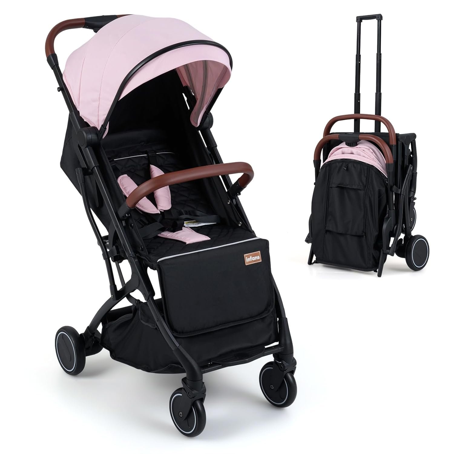 INFANS Travel Stroller, Lightweight Compact Baby Stroller for Airplane with One-Hand Fold, Multi-Position Recline, Canopy, 4 Wheel Suspension, Storage Basket (Pink+Black)