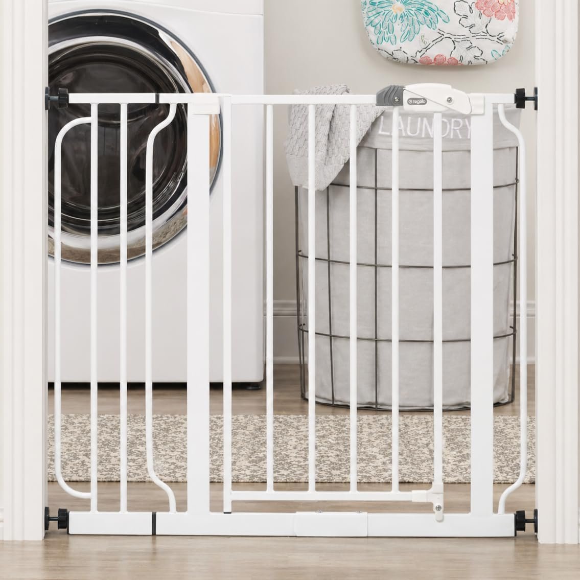 Regalo Safety 29-38.5″ Baby Gate for Doorways & Bottom of Stairs, Pressure Mounted Baby Gate with Door for Babies, Toddlers & Pets, Tested & Safe for 30 Years, American Designed, American Owned, White