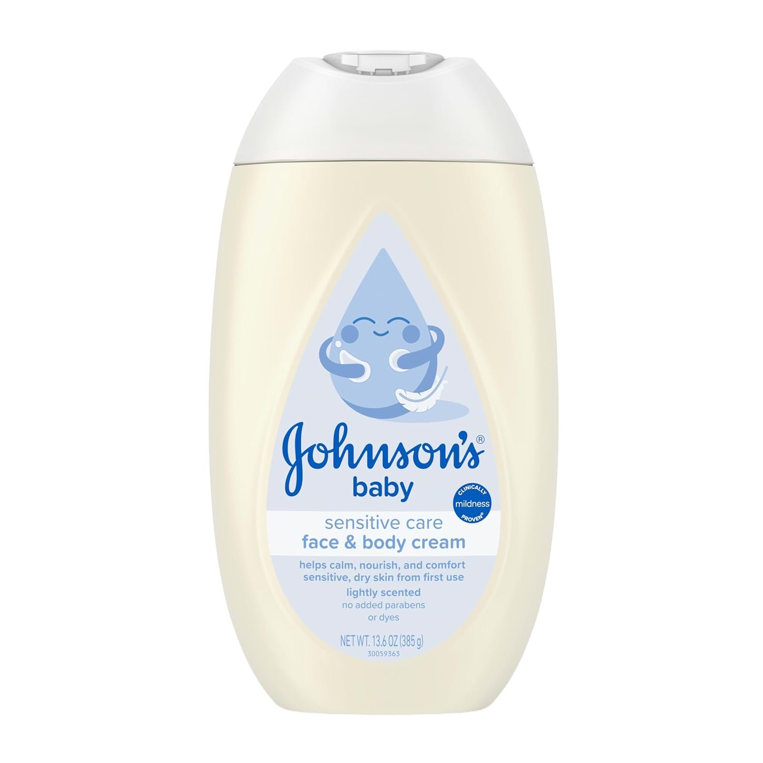 Johnson’s Sensitive Care Baby Face & Body Cream with Vitamin B5, Daily Moisturizing Baby Cream to Calm, Nourish & Comfort Dry, Sensitive Skin, Lightly Scented, Hypoallergenic, 13.6 oz