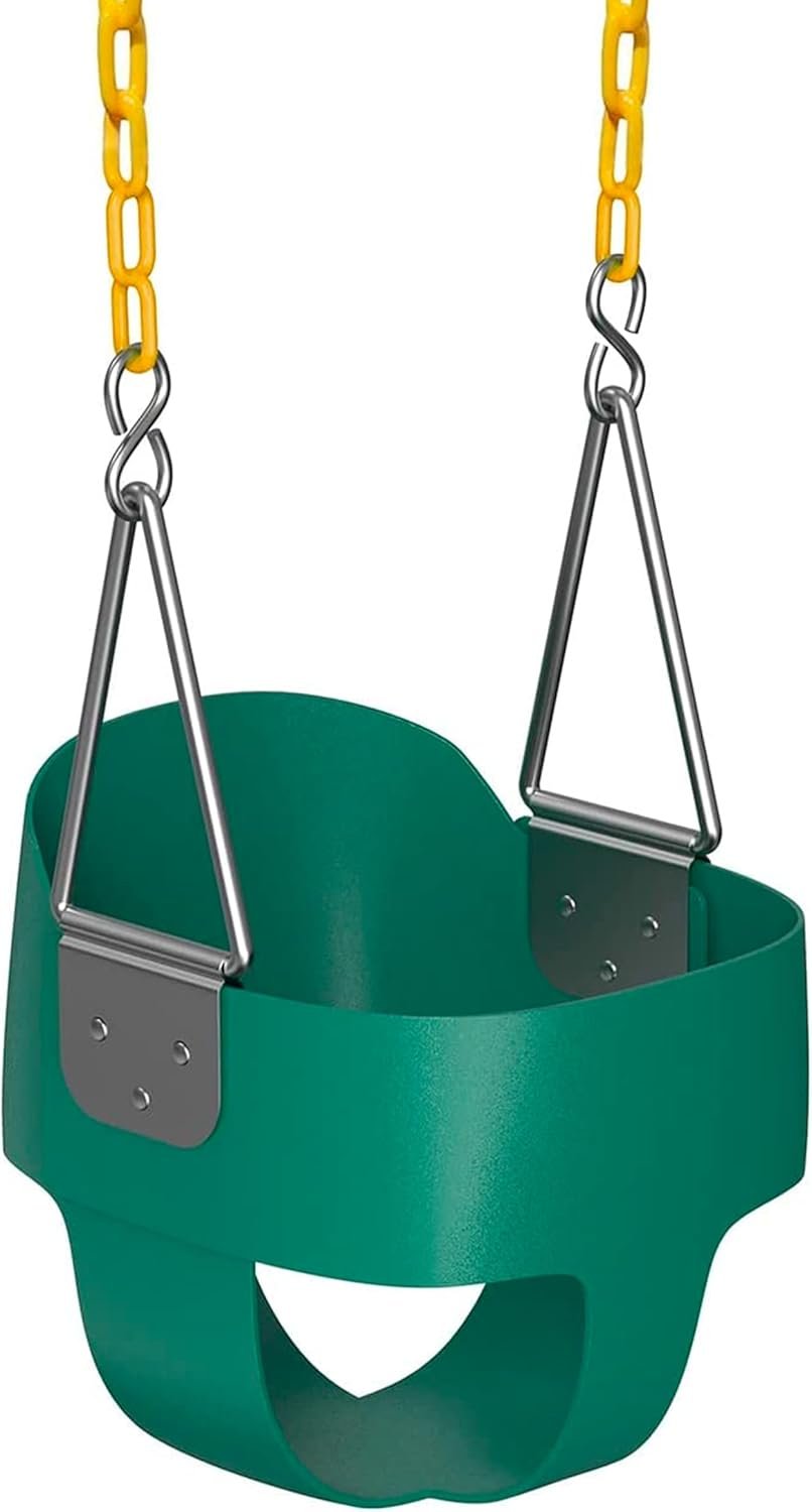 Jungle Gym Kingdom Baby Swing Outdoor – Heavy Duty Toddler Swing Set Accessories, High Back, Full Bucket Seat with Coated Chains for Outdoor Use – Fully Assembled – Green