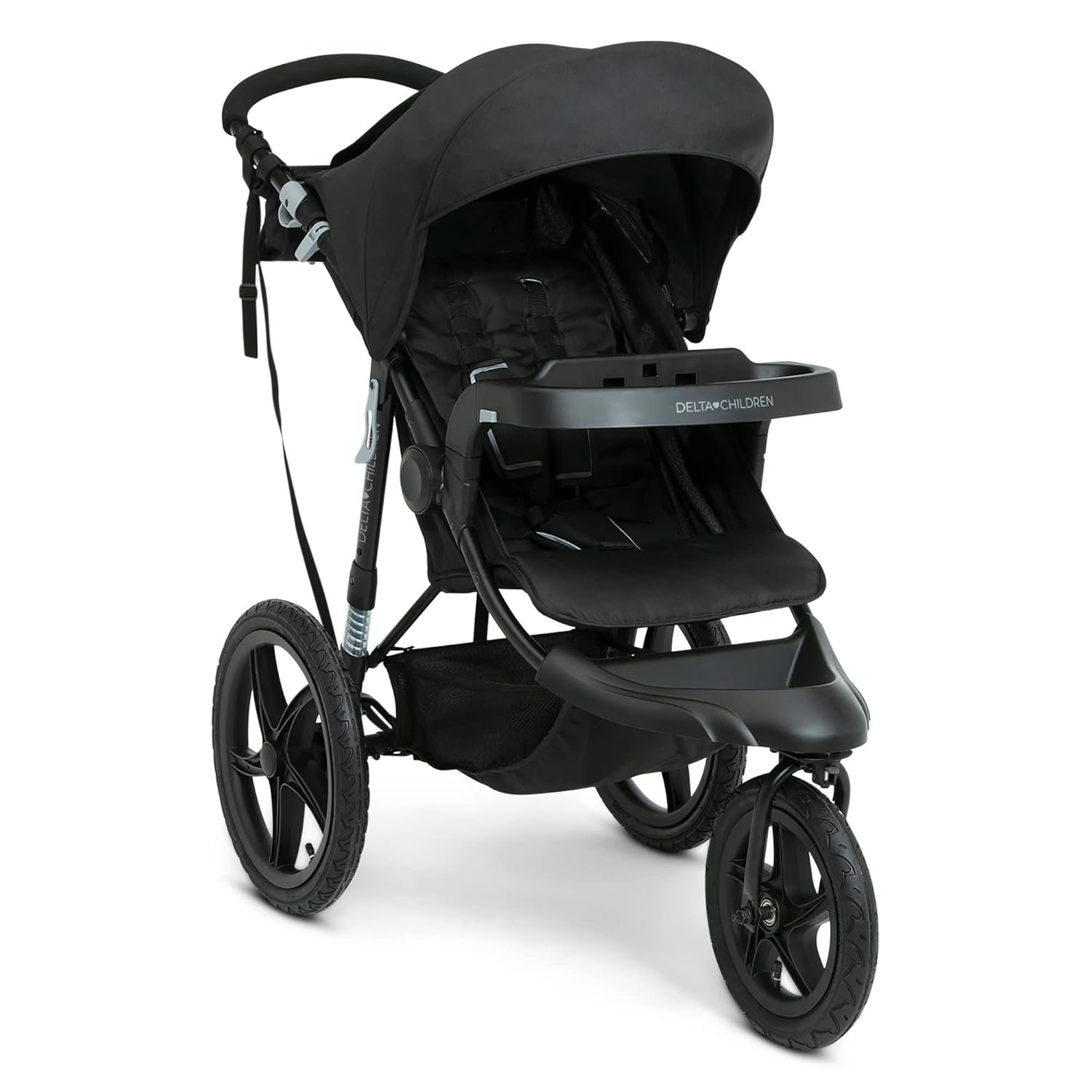 Delta Children Apollo Jogging Stroller – Shock Absorbing Frame with Large Canopy & Recline – Car Seat Compatible, Black