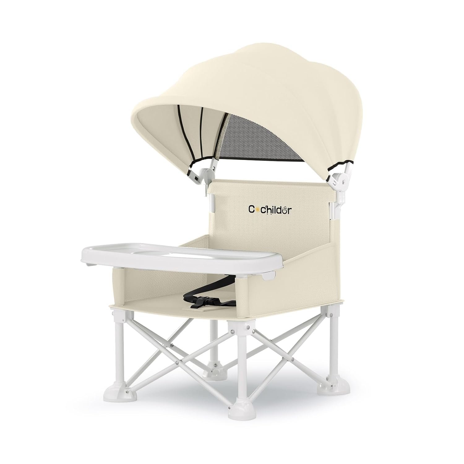 Cochildor 4-in-1 Portable Baby Chair, Foldable Toddler Booster Seat with Removable Tray, Canopy & Safety Harness, Beige