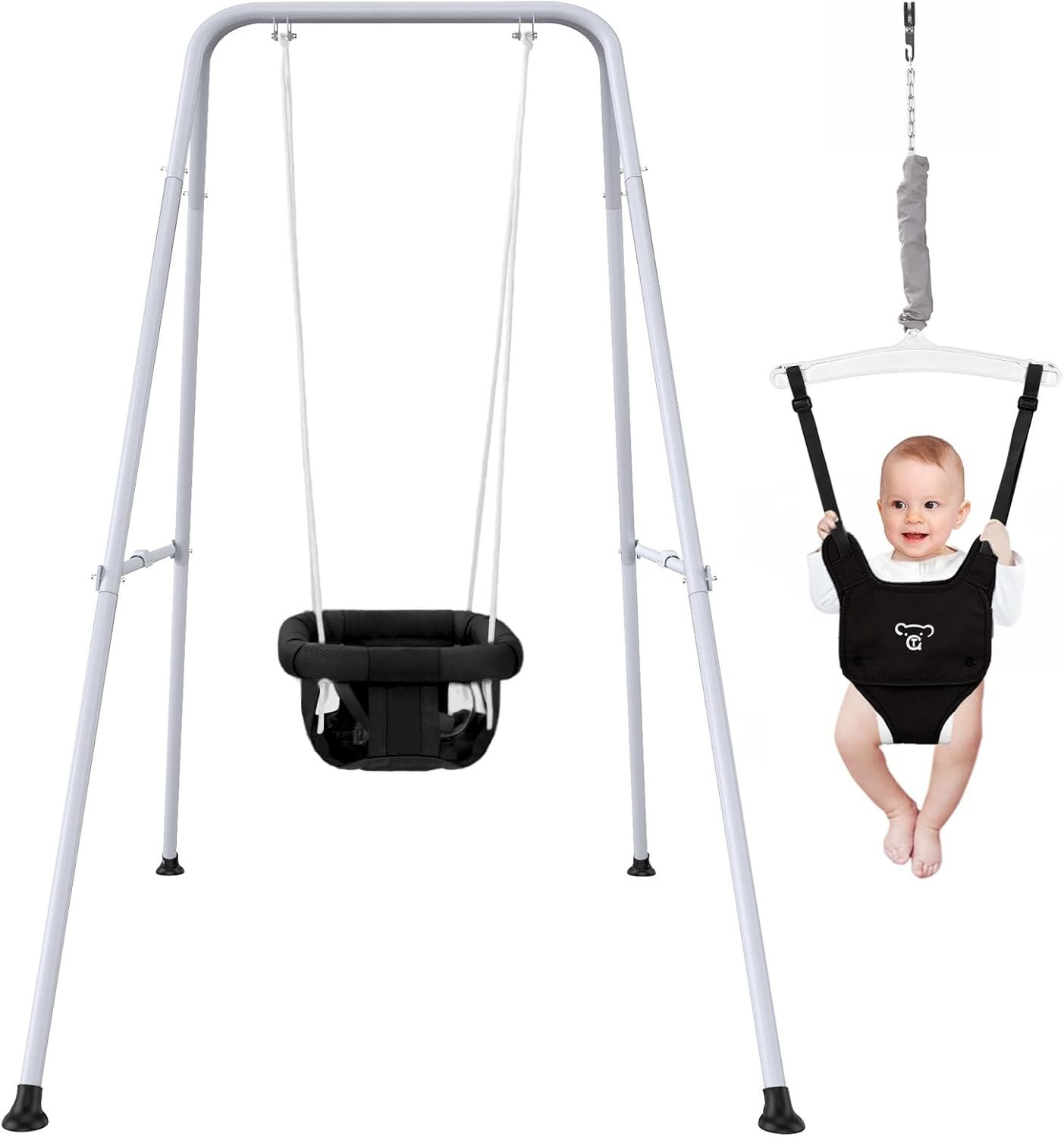 2 in 1 Baby Jumper with Swing – Indoor and Outdoor Use, Baby Jumpers and Bouncers, Toddler Swing with Foldable Stand（Black）