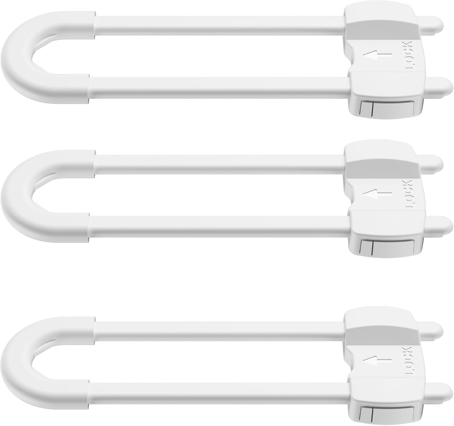LRANFOW 3 Pack U-Shaped Baby Proof Cabinet Locks No Drilling Required, Adjustable Child Safety Latches for Cabinets Drawers Kitchen Doors, White