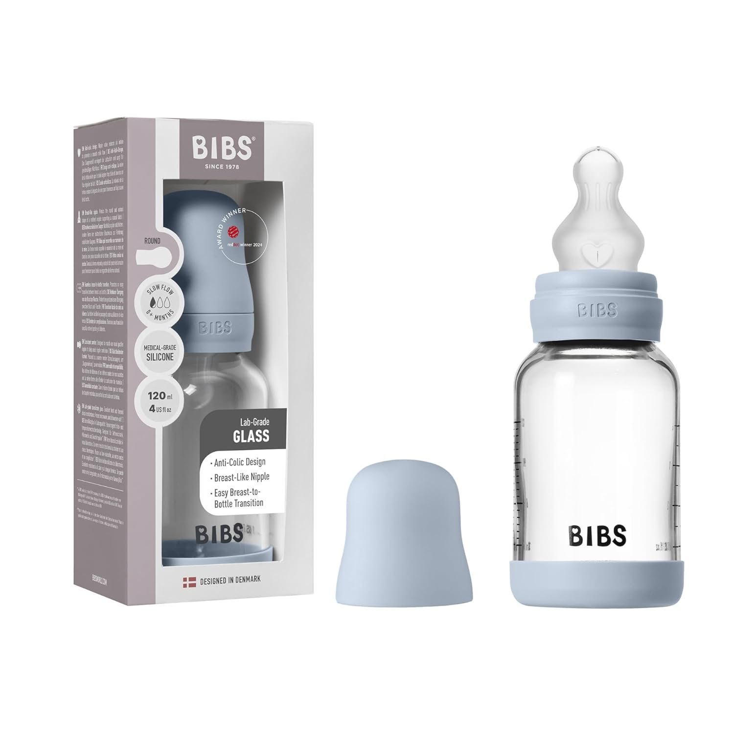 BIBS Baby Glass Bottle. 4 US fl oz / 120 ml. Anti-Colic. Vented Round Silicone Nipple. Supports Natural Breastfeeding, Slow Flow, Complete Set – Baby Blue