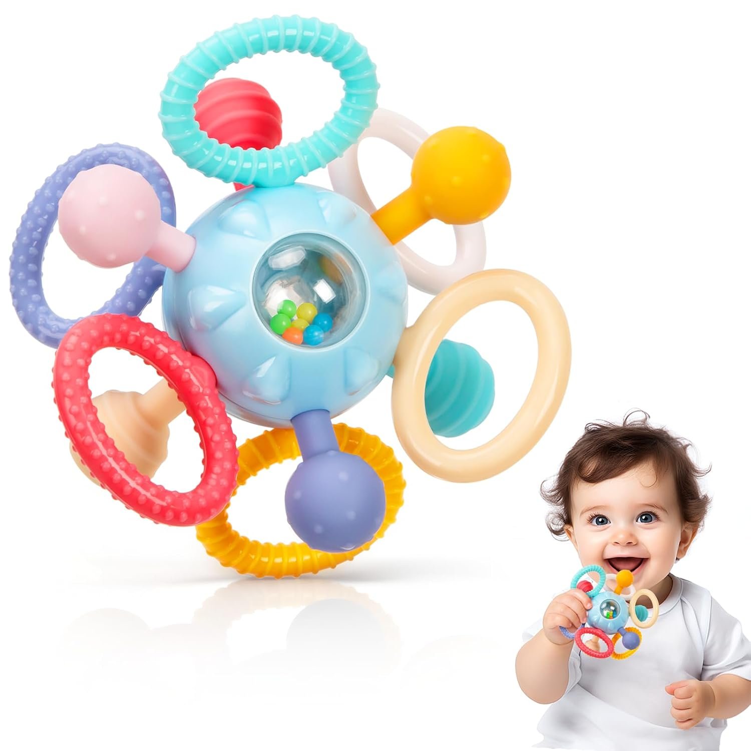 Baby Teething Toys for 0-6 6-12 Months, BPA-Free Food Grade Silicone Teether, Infant Sensory Chew Rattles Toys, Gifts for Infant Newborn Boys Girls 0 3 6 9 12 18 Months, Sky Blue