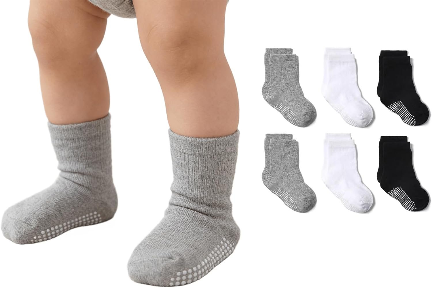 INOGIH 6 Pairs Toddler Baby Non Slip Socks with Grippers Anti Skid Socks for 1-3 Years Kids