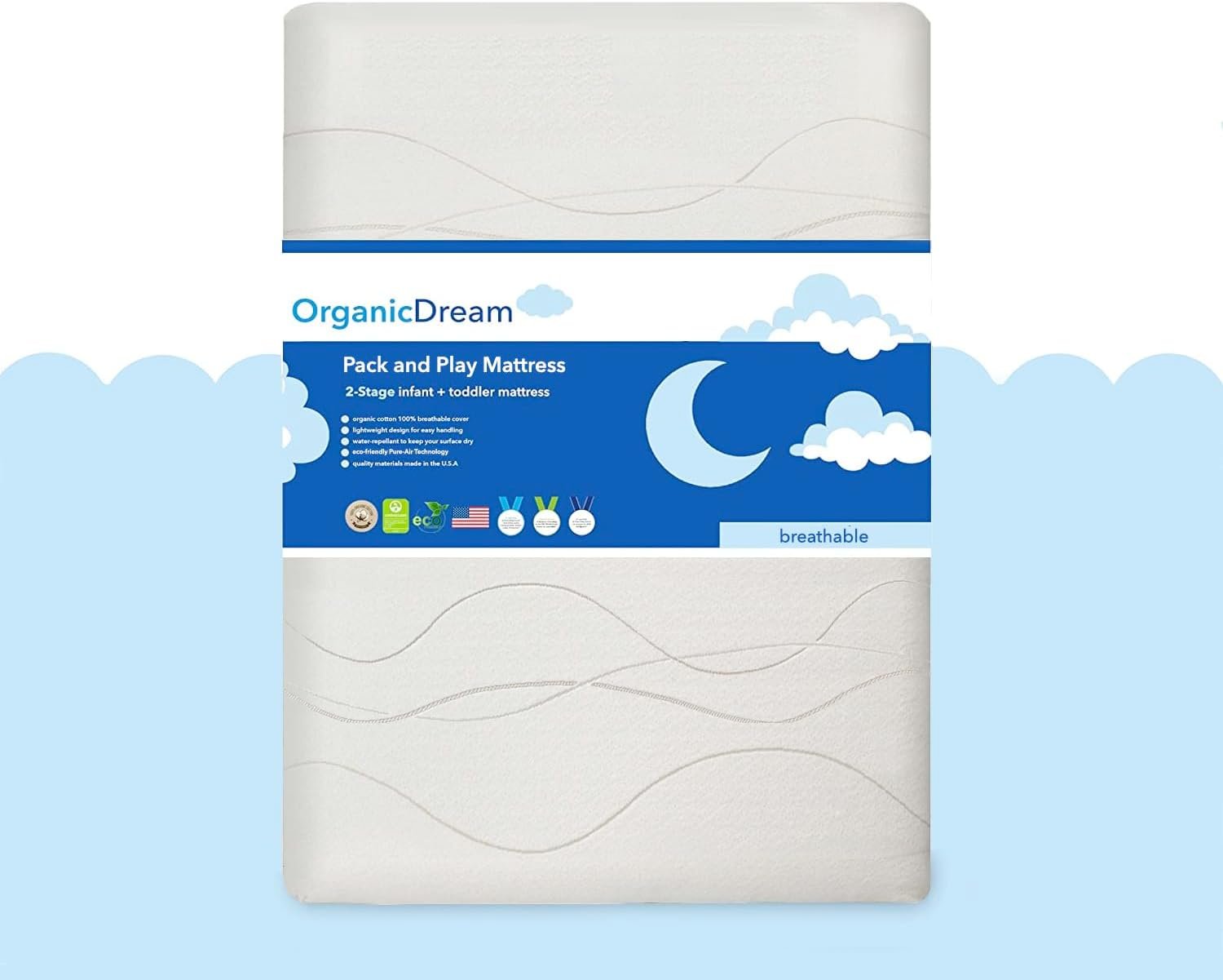 ORGANICDREAM Deluxe Pack & Play Mattress I 2-Stage Dual-Sided I GreenGuard Gold Certified I 100% Breathable I Firm Infant Side + Softer Side Memory Foam