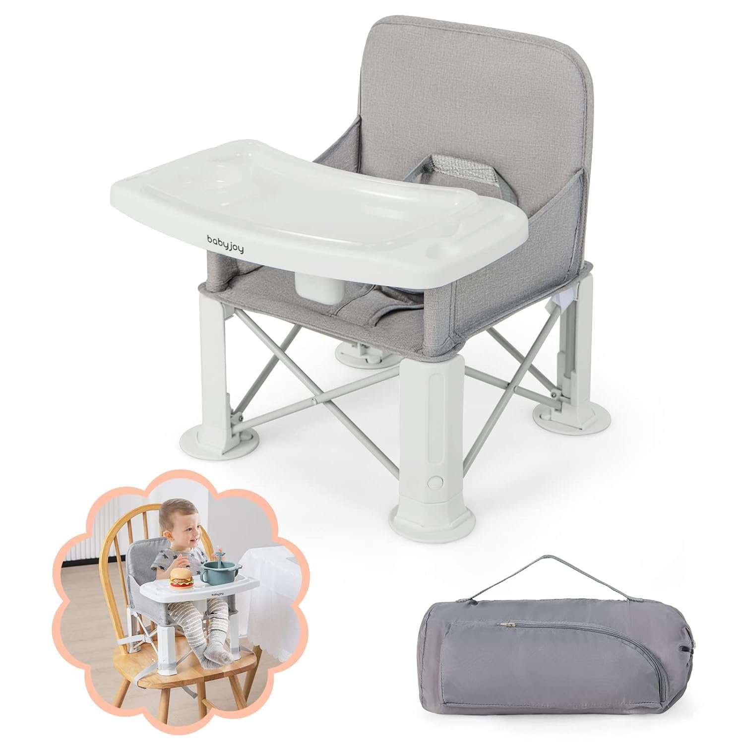 BABY JOY Travel Booster Seat with Double Tray, Folding Portable High Chair Booster Seat for Dining Table, Indoor/Outdoor Use, Camping, Beach, Lawn, Compact Baby Seat with Straps & Carrying Bag