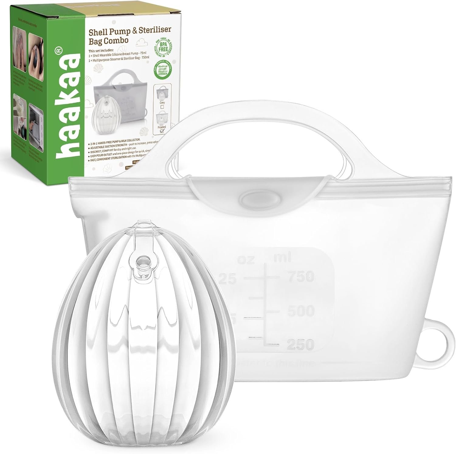 haakaa Wearable Silicone Breast Pump with Steriliser Bag, 2-in-1 Hands-Free Passive Breast Milk Catcher for Nursing Mom, Breastfeeding Essentials, 75ml Shell Pumps & 1 Steriliser Bag – Frosted