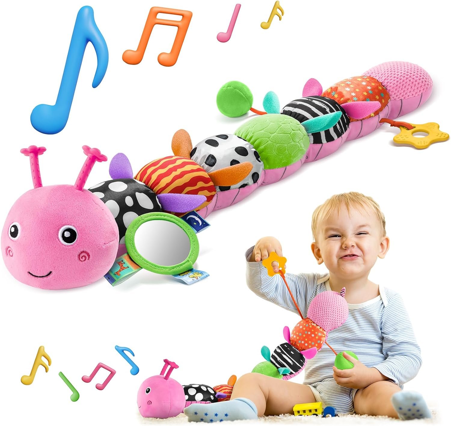 HEMRLY Baby Sensory Toy 0-6 Months, Musical Stuffed Caterpillar Plush with Teether, Crinkle, Rattle, Baby Mirror for Tummy Time, Infant Car Seat Toy for 0-3-6-12 Month Boys Girls Gifts – Winged Pink