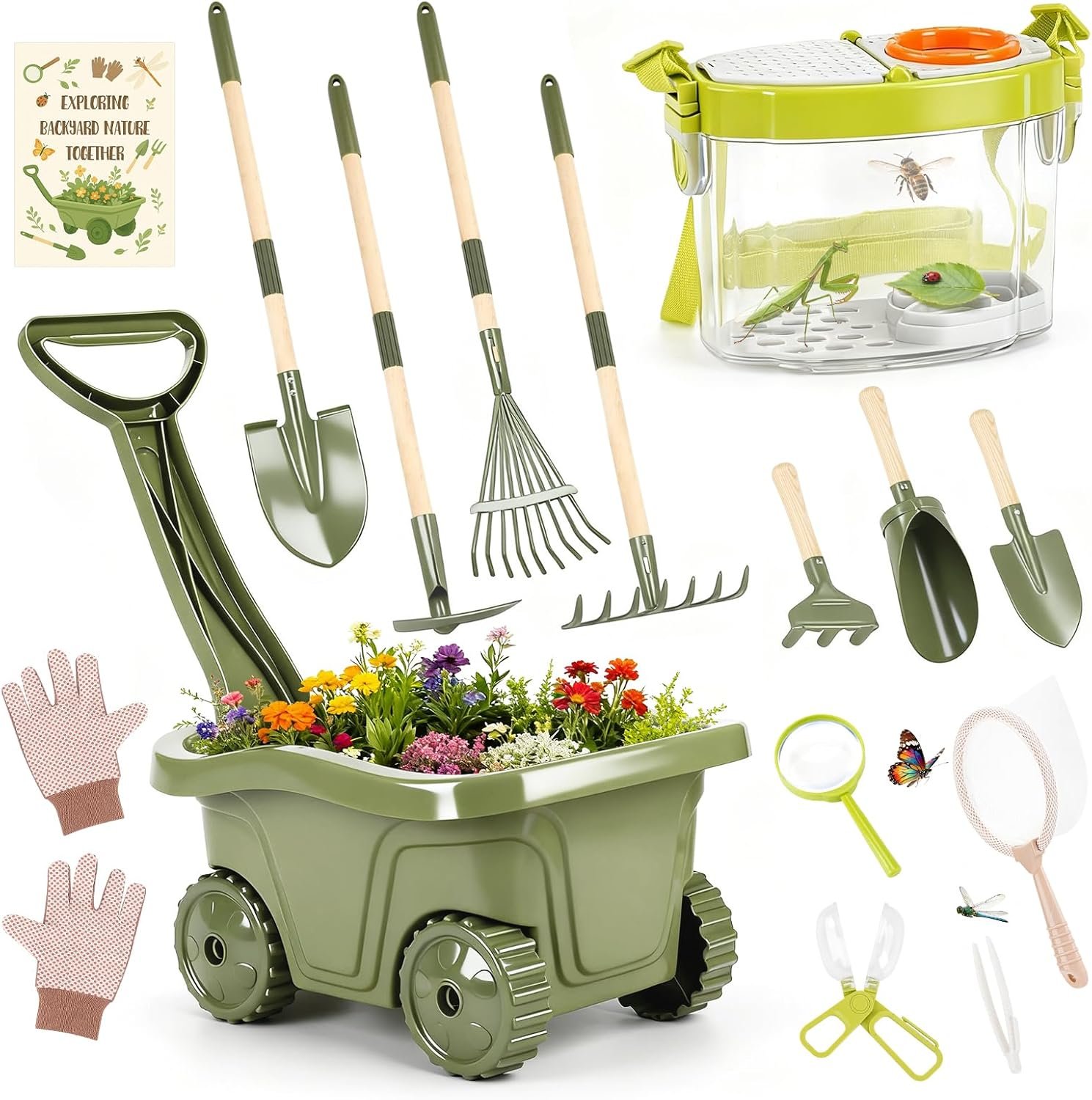 Dreamon Kids Gardening Tools & Bug Catcher Kit, 2-in-1 Outdoor Toys with Wheelbarrow and Bug House, STEM Educational Toys for 3 Year Old, Birthday Gifts Outdoor Gifts for Kids 3-5, Green